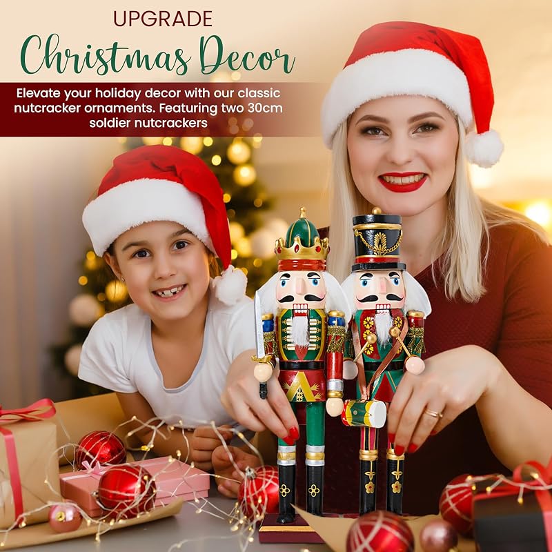 REDSTAR Karácsonyi Diótörő Katona Szett - 2 db 30 cm Fa Diótörő Figura Zöld Színben, Kandallóhoz, Ünnepi Dekoráció, Beltéri Karácsonyi Dísz
