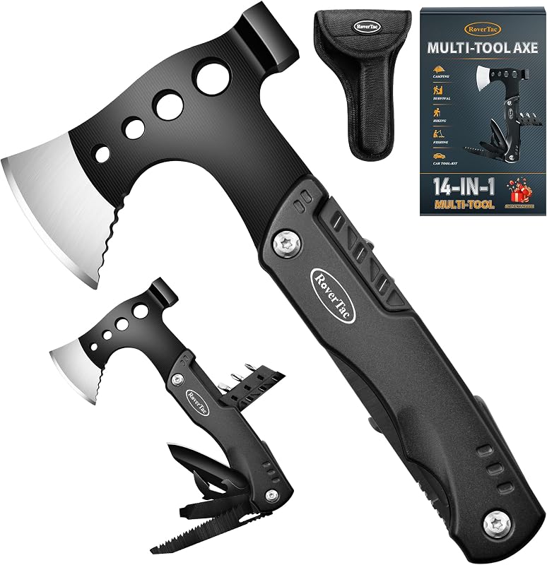 Hacha de camping multiherramienta 11 en 1, herramienta de supervivencia para equipo de camping con hacha, cuchillo, martillo, sierra, abrebotellas, destornilladores, funda de nailon, regalos para hombres, perfecto para acampar, senderismo, supervivencia