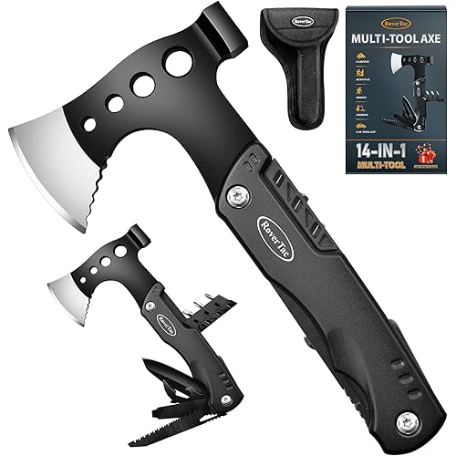 RoverTac Multi Tool Camping Axe Hatchet 11-in-1 Multitool Camping Gear Survival Tool with Axe Knife Hammer Saw Bottle Can Opener Screwdrivers Nylon Sheath Gifts for Men Perfect Camping Hiking Survival