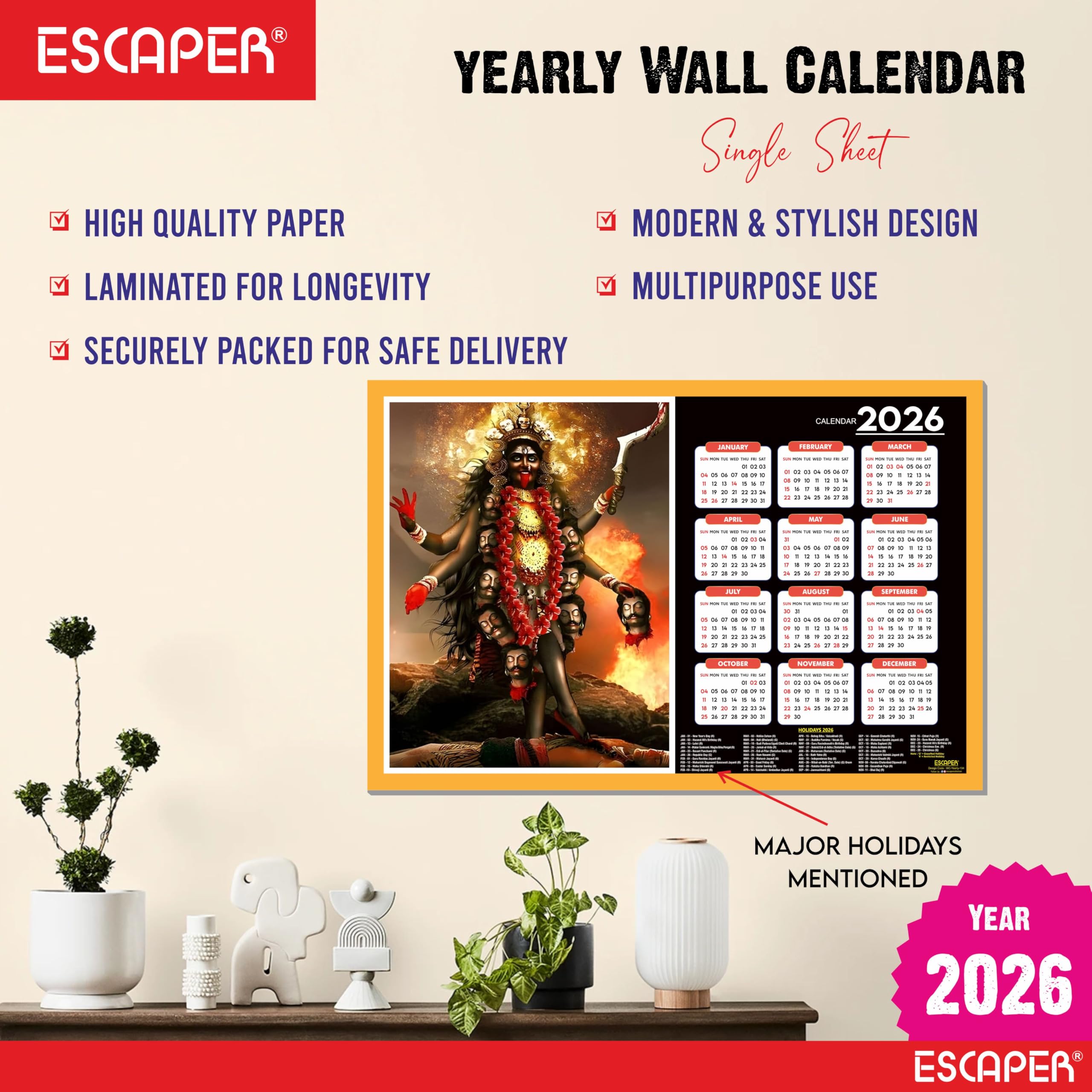 ESCAPER Göttin Lakshmi Wandkalender 2026 - 45 x 30 cm, Laxmi Ji, Laxmi Devi, Durga, Saraswati & Kali Mata Fotos, religiöser Wandkalender für Zuhause, Büro & Pooja Zimmer
