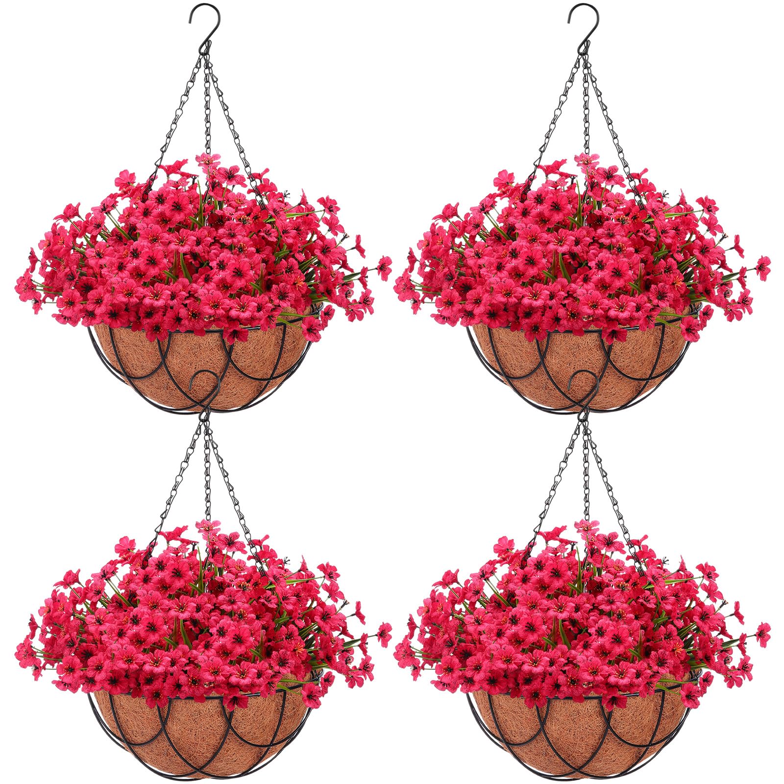 Artificial Spring Hanging Flowers in Basket for Home Decoration Faux Orchid Arrangement Porch Plants Coconut Lining Basket for Autumn Courtyard Decor(Rose Red, 4 Pack)