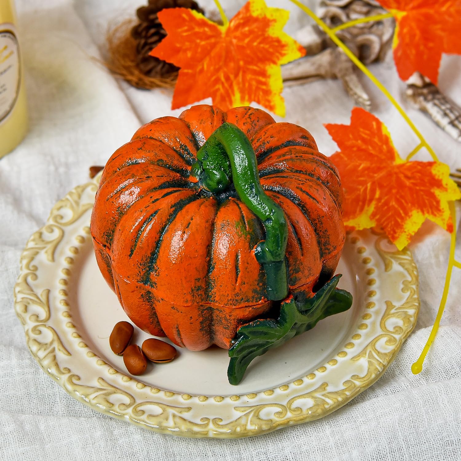 Sungmor Cast Iron Pumpkin-Shaped Trinket Box - Rustic Decorative Container with Lid, Vintage Fall Home Décor Accent - Hand-Painted Small Storage Jar for Halloween, Thanksgiving - Ornage Finish