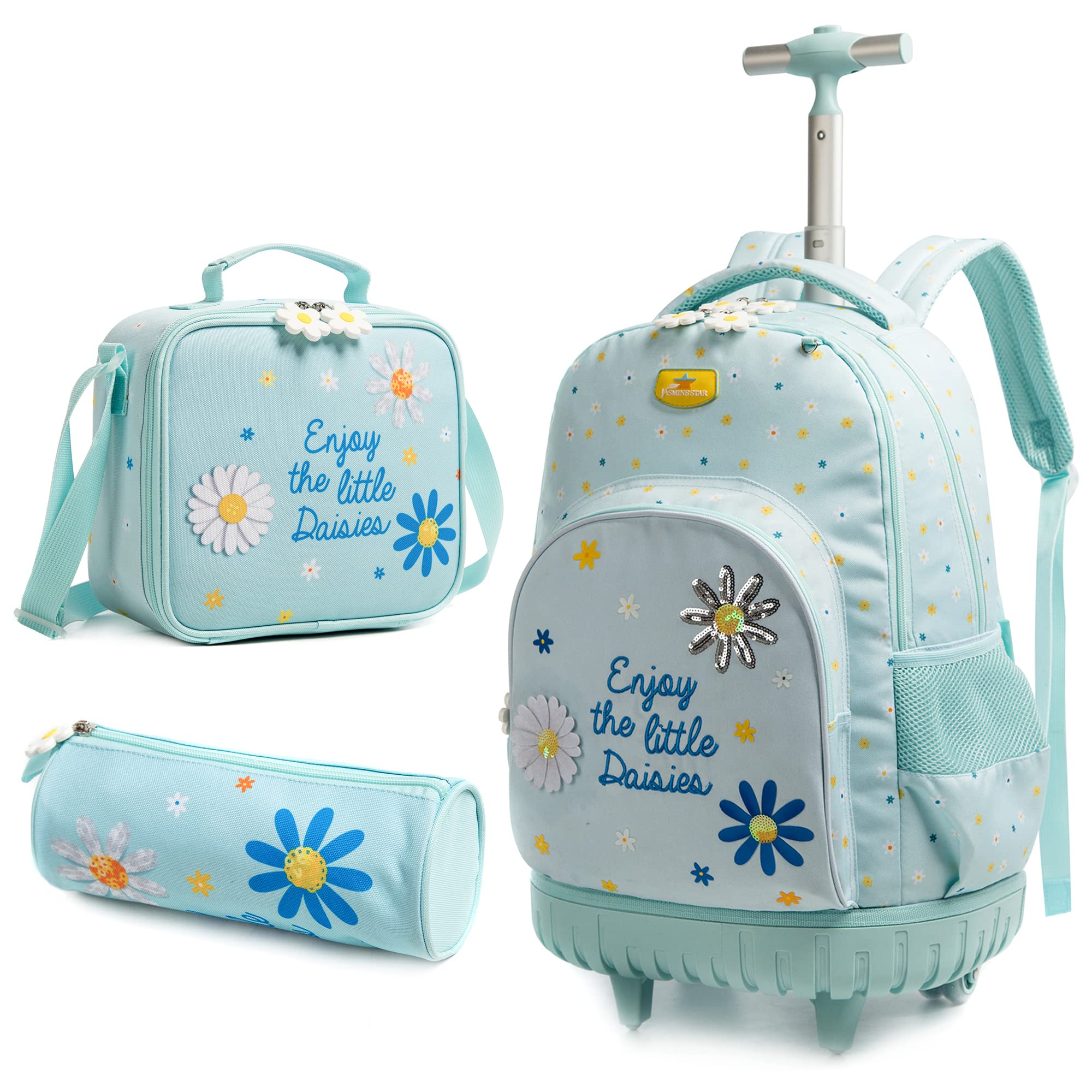 MOHCO Rolling Backpack for Girls 18 inch Cute School Bookbag Set for Kids with Lunch Bag and Pencil Case Wheeled Backpack Blue Daisy, Daisy