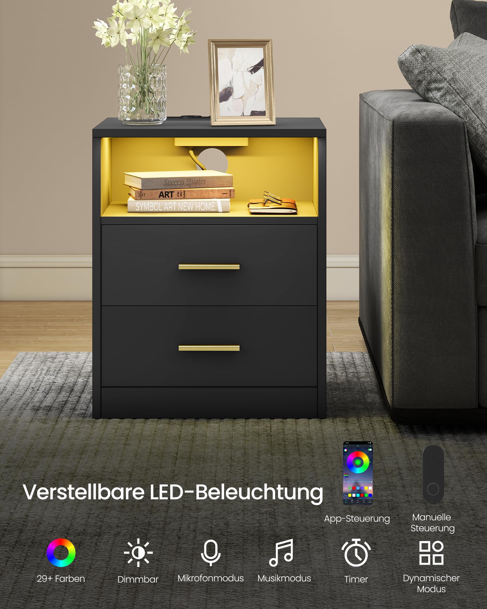VASAGLE Custos Kollektion - Nachttisch mit Ladestation, 2er Set, LED-Beleuchtung, Beistelltisch, modern, mit Schubladen, 2 AC-Steckdosen und USB-Anschlüssen, tintenschwarz LET829BC01
