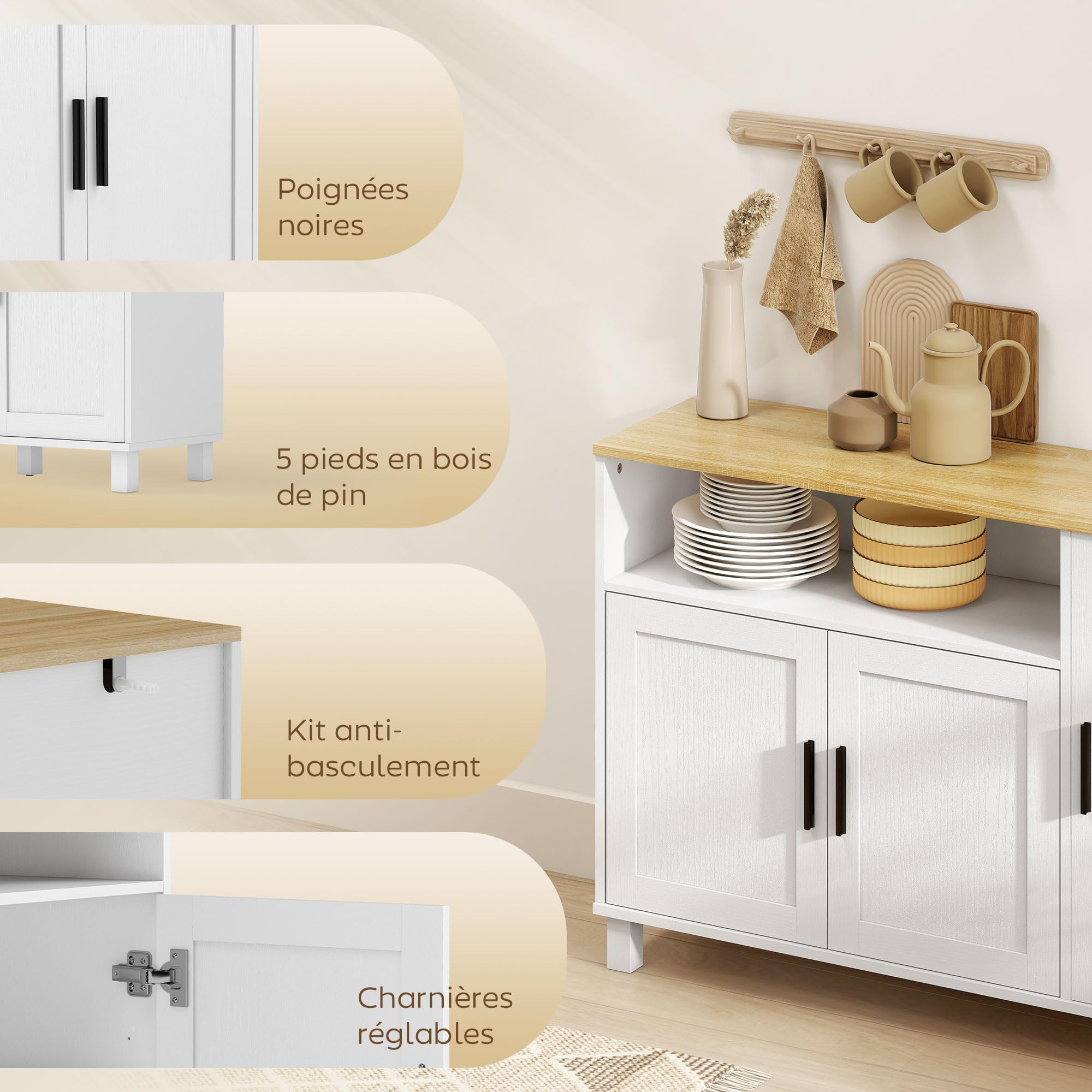HOMCOM Buffet 3 Portes à Fermeture Amortie 110 x 33 x 75 cm Blanc | Meuble de Rangement, Compartiment Ouvert, Étagères Réglables, Style Moderne, Buffet Salle à Manger, Salon