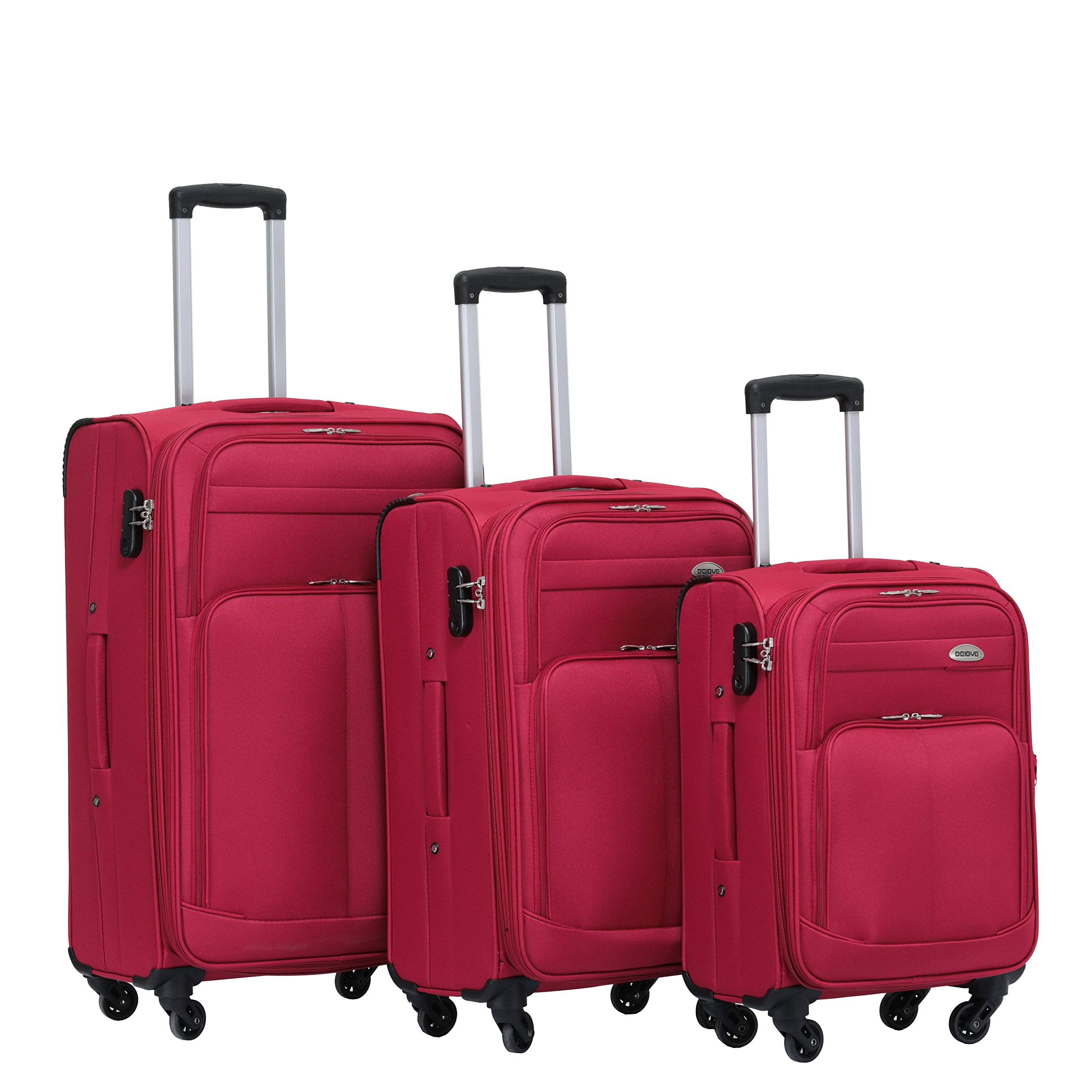 BEIBYE Stoffkoffer Kofferset mit Außentaschen, Erweiterbarer Trolley Reisekoffer mit Zahlenschloss und Namensschild, Leichter Softshell Koffer mit Rollen