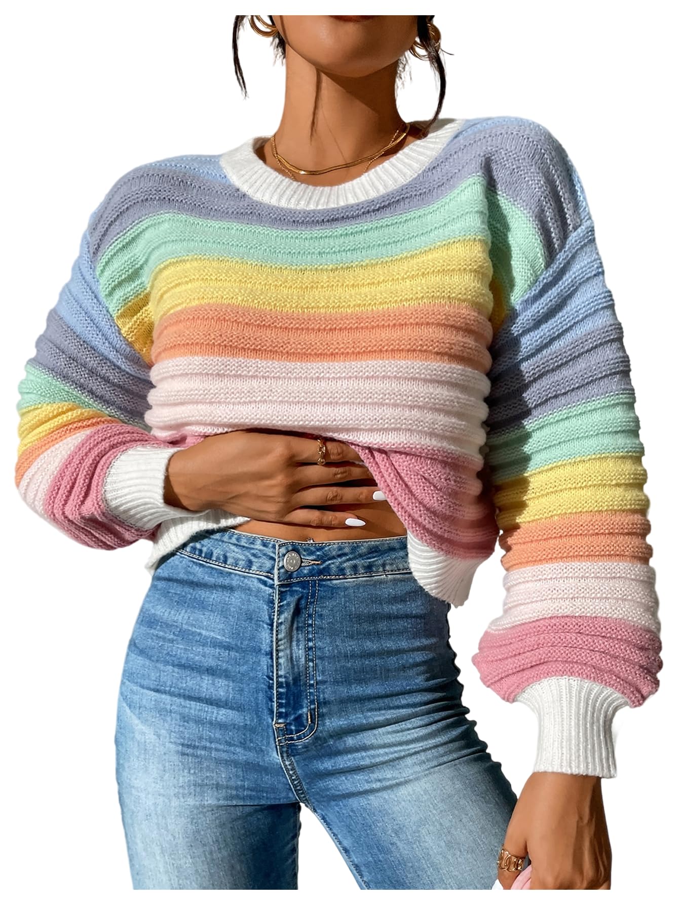Verdusa Womens Color Block Ribbed Cropped Sweaters Lantern Sleeve Pullover Tops Early Fall Fashion