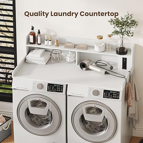 Miniatura 5 de Encimera mejorada de 2 niveles para lavadora y secadora con toma de corriente, encimera grande de lavandería de 54 pulgadas de ancho x 27.6 pulgadas