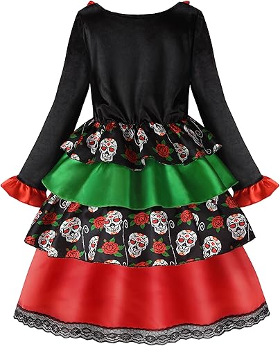 Miniatura 2 de ReliBeauty Disfraz del Día de los Muertos para Niñas Disfraz de calavera de azúcar con banda muerta de flores y cuello de flores, multicolor