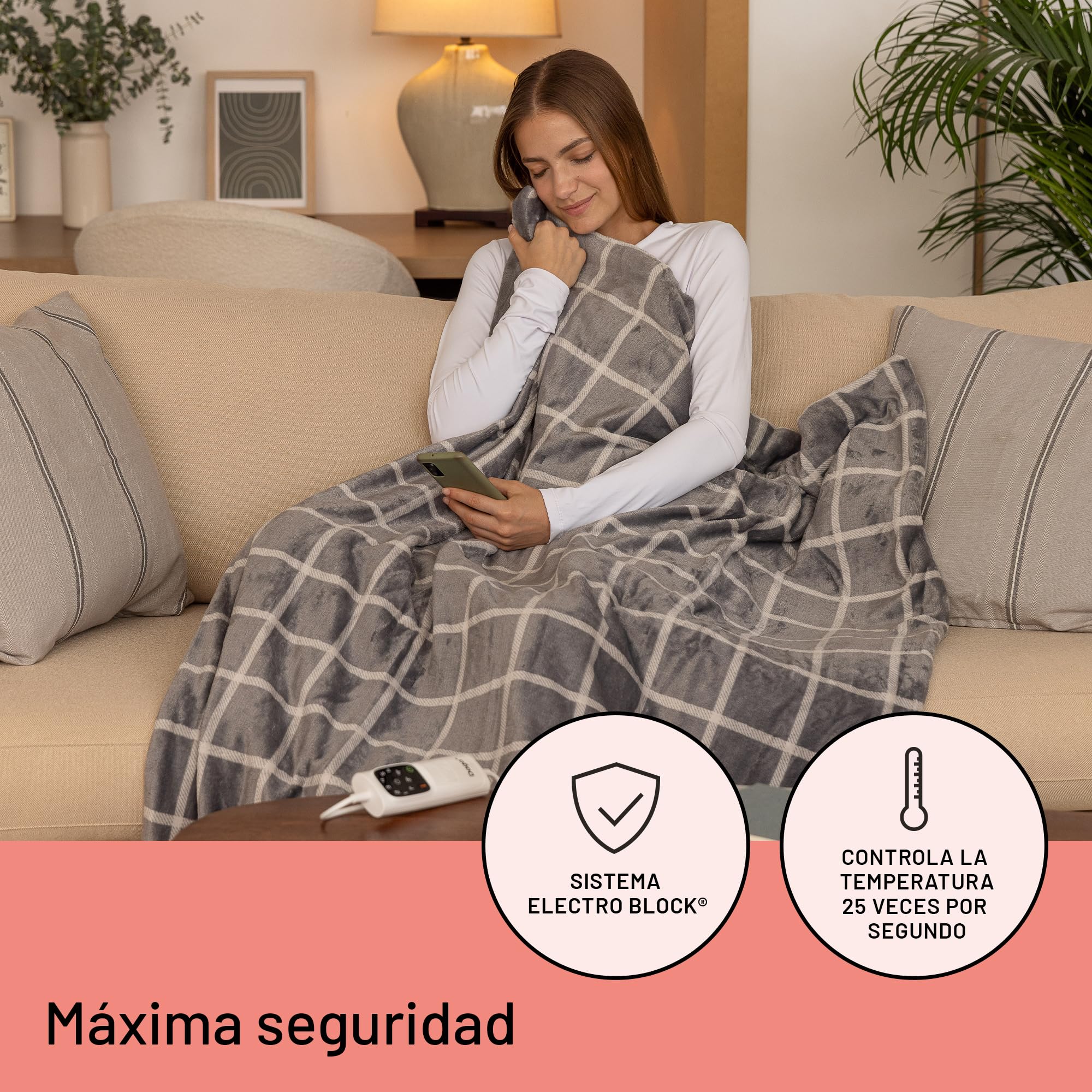 Daga Relax Suave, Manta térmica eléctrica de Sofá, Tecnología Intellisense, Tejido terciopelo, Multi Temporizador, 6 Niveles de Temperatura, 150x95 cm