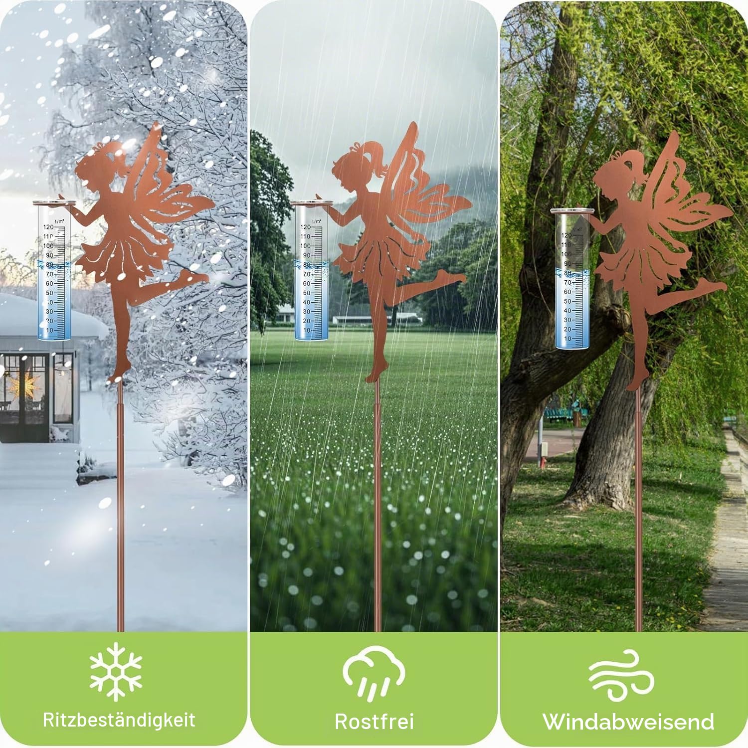 Regenmesser für Garten Niederschlagsmesser, Gartenstecker Elfe stehend Gartendeko 110cm mit stab, Regenwassermessung Rain Gauge Outdoor für Hof,Rasenweg,Durchgang,Terrasse