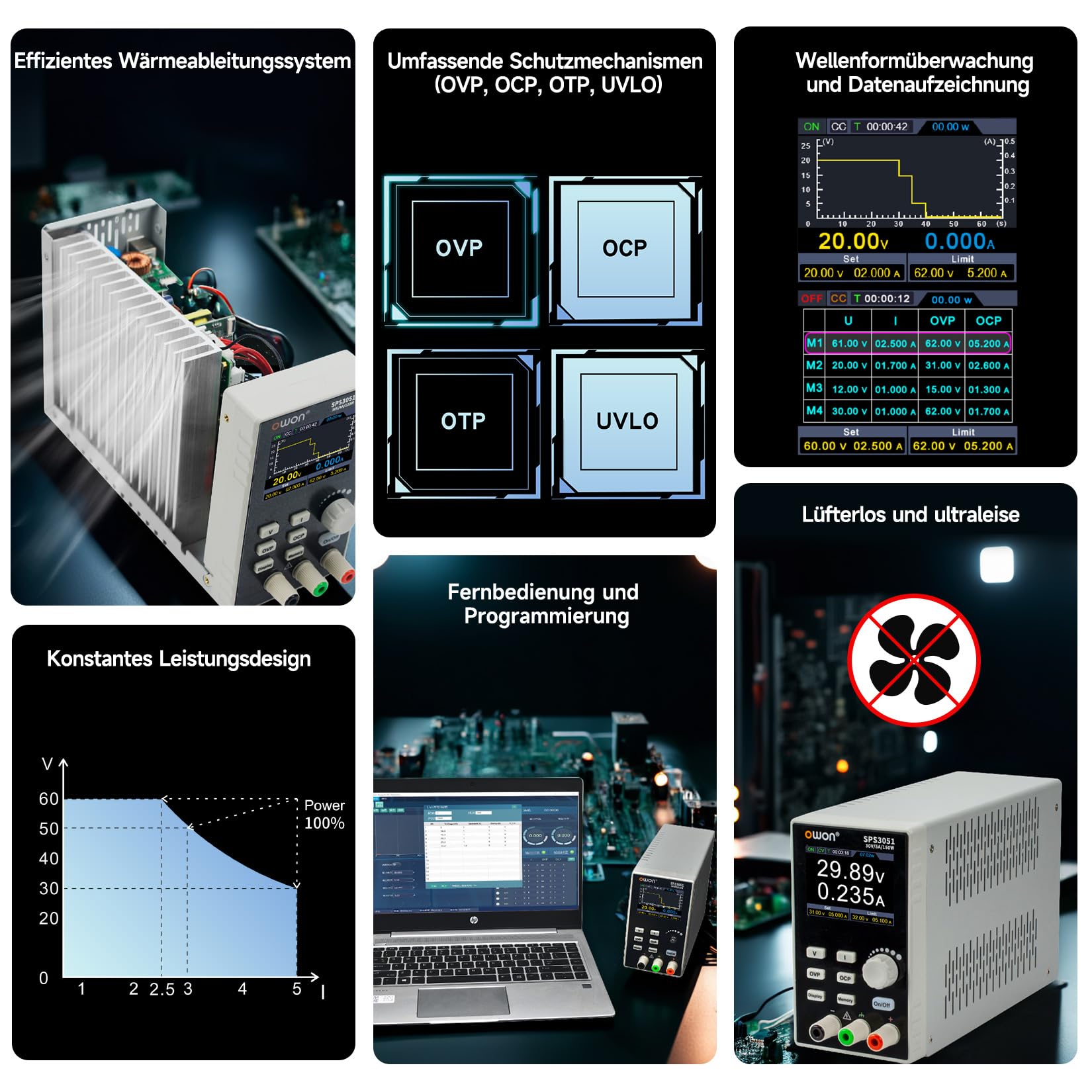 OWON SPS3051 DC-Netzteil Einkanaliges Programmierbares, Labornetzteil mit Ausgangsgenauigkeit bis zu 10mV/1mA, Ausgangsbereich 0-30V/0-5A, Ausgangsleistung 150W, 2,8-Zoll-TFT-LCD-Bildschirm