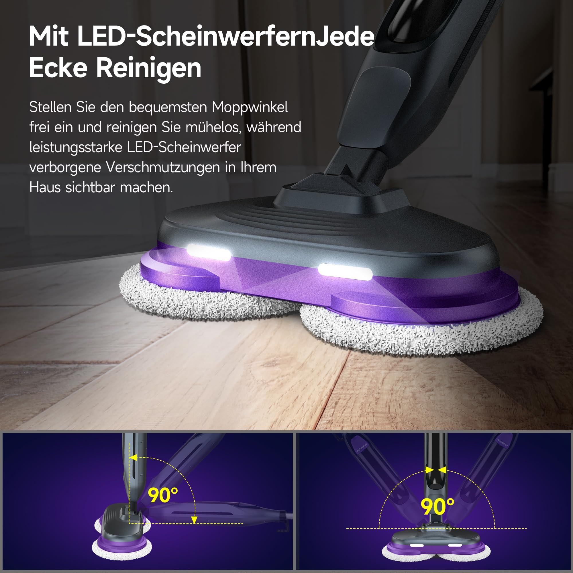 AlfaBot F2 Dampfreiniger – Dampfbesen mit 99,9%iger Desinfektion von Keimen und Bakterien, Dampf in 20s bereit, 450 ml, für alle Arten von Hartböden, ohne Verwendung von Reinigungsmitteln