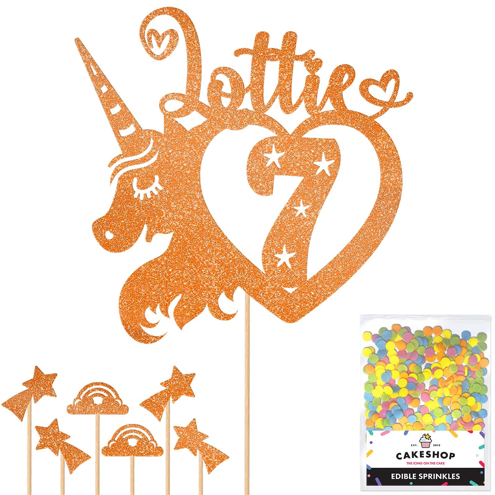 Personalised Unicorn Heart Glitter Cake Topper- Copper Orange Any Custom Age & Name Glitter Cake Decoration and Sprinkles - Happy Birthday Decorations - Personalised Toppers for Cakes by Cakeshop — image 1