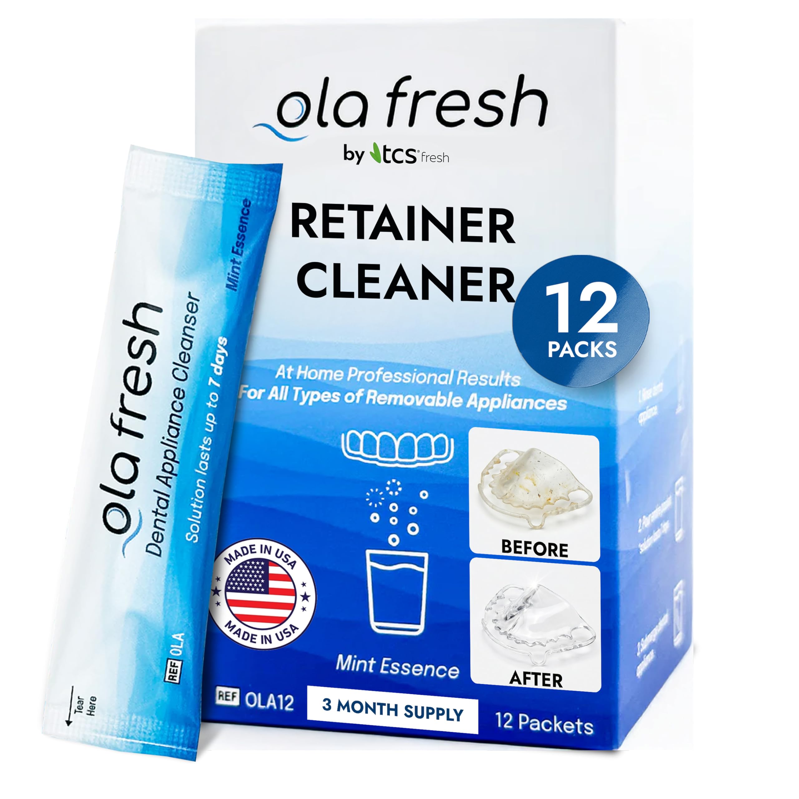 TCS Fresh Retainer Cleaner – Powder Solution for Denture, Aligner, Nightguard, Mouthguard & Retainer – Mint Essence Flavor, 12 Packets (3 Month Supply