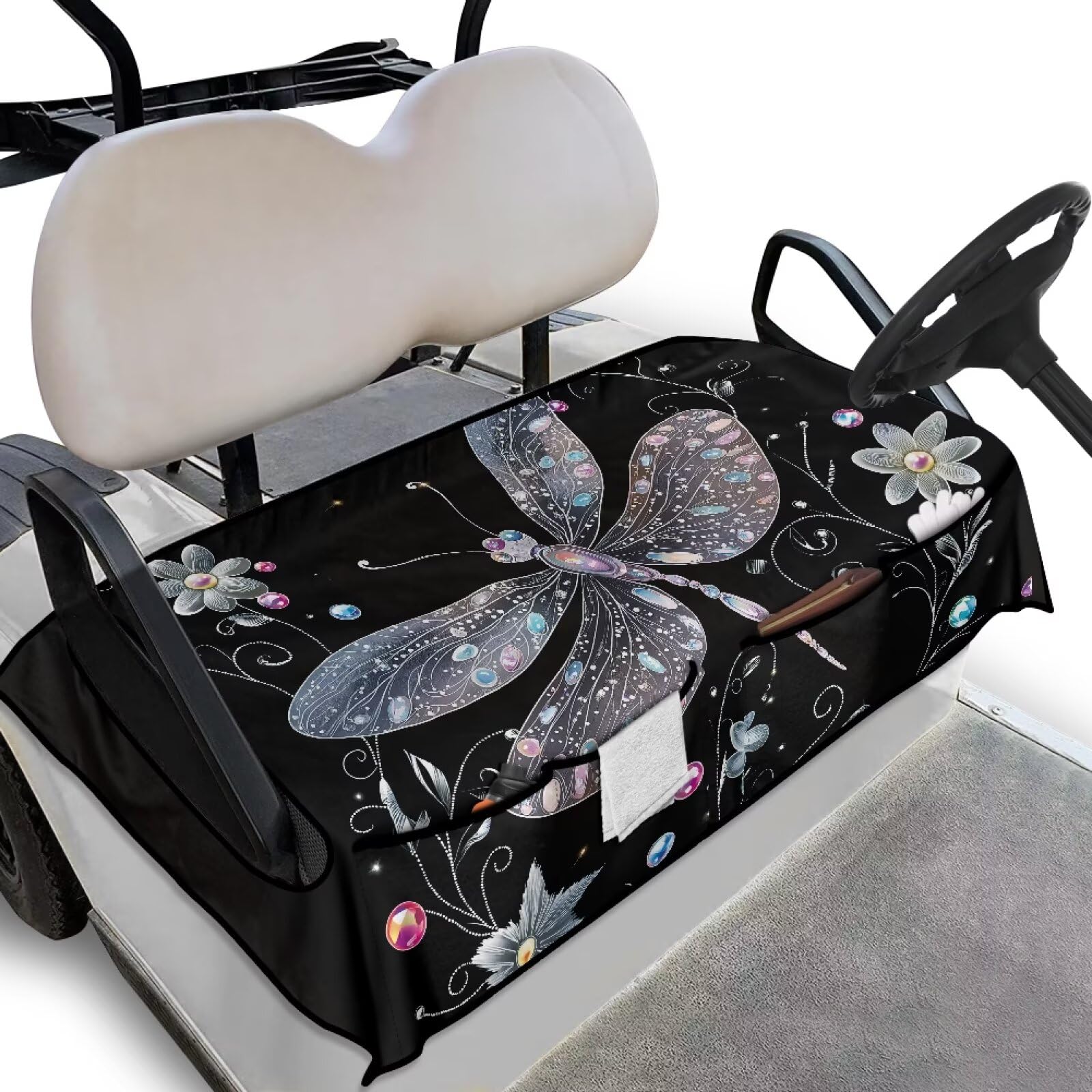 Biyejit Dragonfly Golf Cart Seat Covers with 2 Pockets Universal Golf Cart Seat Towel Bench Seat Cover for 2-Person Seats Club Car Machine Washable