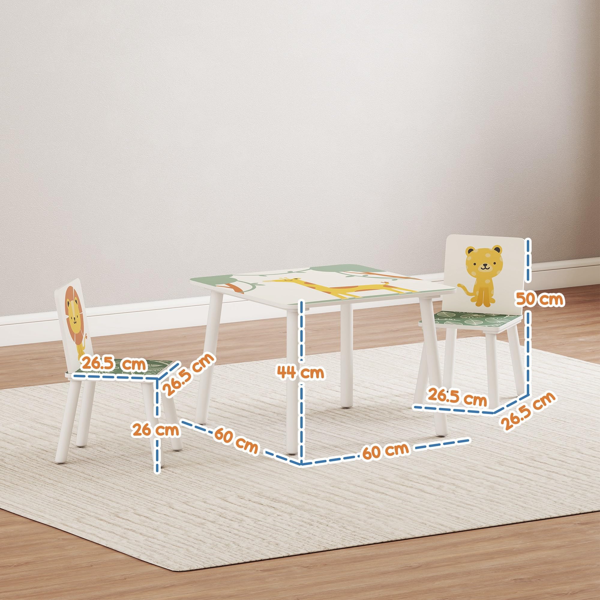 AIYAPLAY Set da 3 Pezzi con Tavolo per Bambini e 2 Sedie, Set di Arredo Cameretta e Salotto con Tavolino e Sedie per Bimbi da 3-8 Anni, Fantasia con Animali, Verde