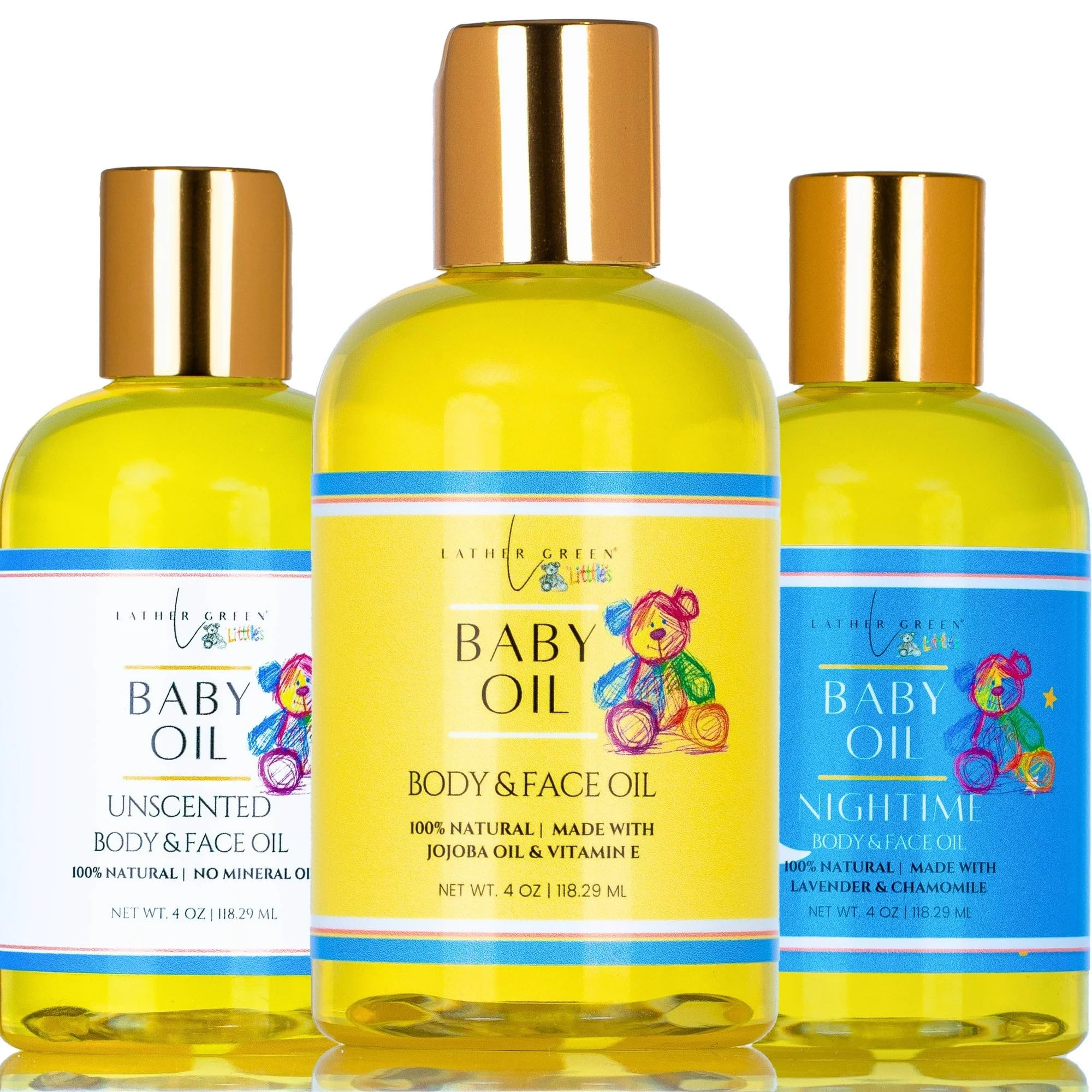 LATHER GREEN - Natural Baby Oil Trio – Hypoallergenic, Moisturizing & Soothing for Sensitive Skin – 4 oz