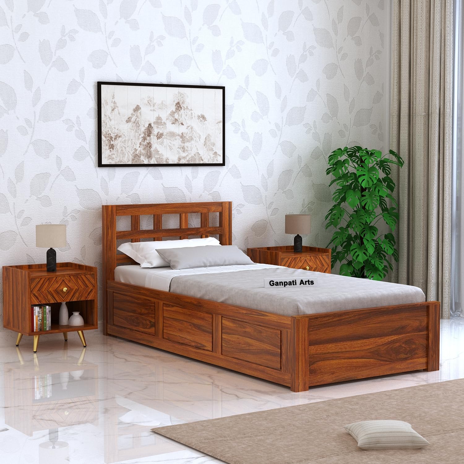 Ganpati Arts Sheesham Wood Simon Single Size Bed with Box Storage Wooden Furniture for Bedroom (Natural Finish)