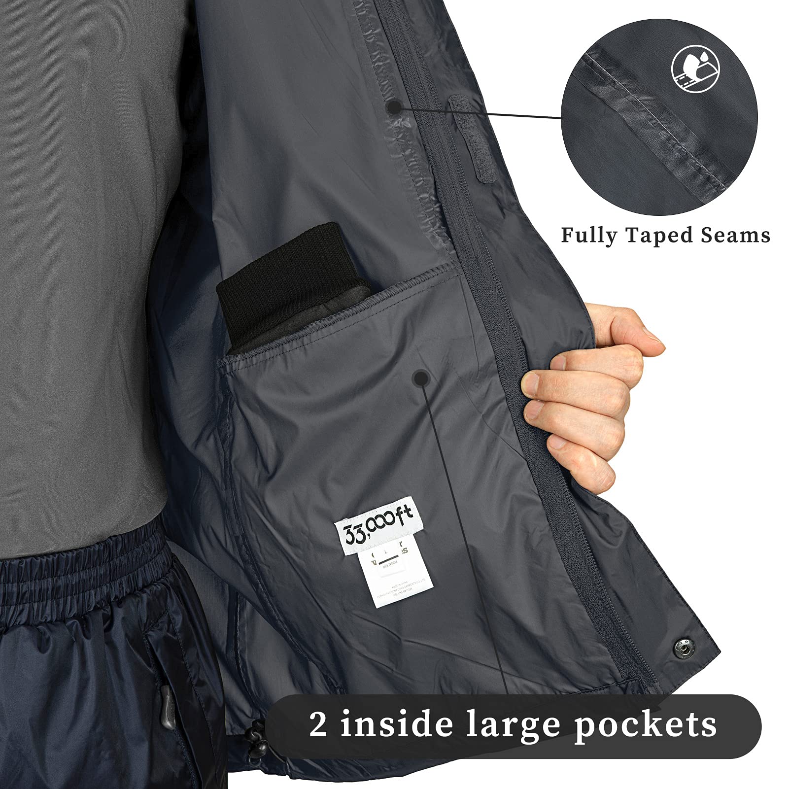 33,000ft Chaqueta de Lluvia para Hombre, Ligera, Impermeable, Plegable, con Capucha, Chubasquero para Bicicleta, Chaqueta de Lluvia, Cortavientos, Chaqueta de Camping, para Exteriores, azul oscuro, M