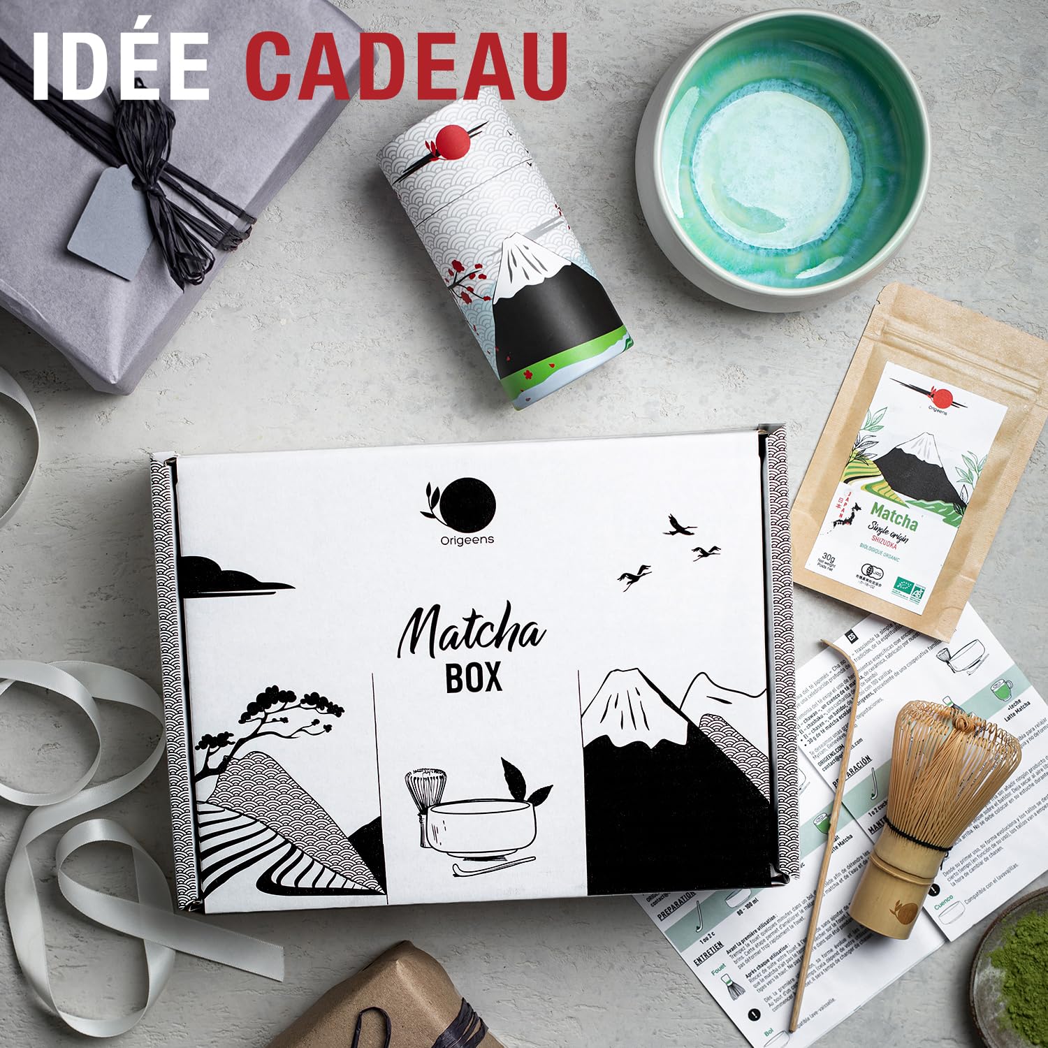ORIGEENS Kit Matcha Complet JADE - Conditionné en France - Matcha Kit avec Bol Matcha Artisanal (Portugal), Fouet Chasen, Thé Matcha BIO Japonais et Cuillère doseuse Chashaku