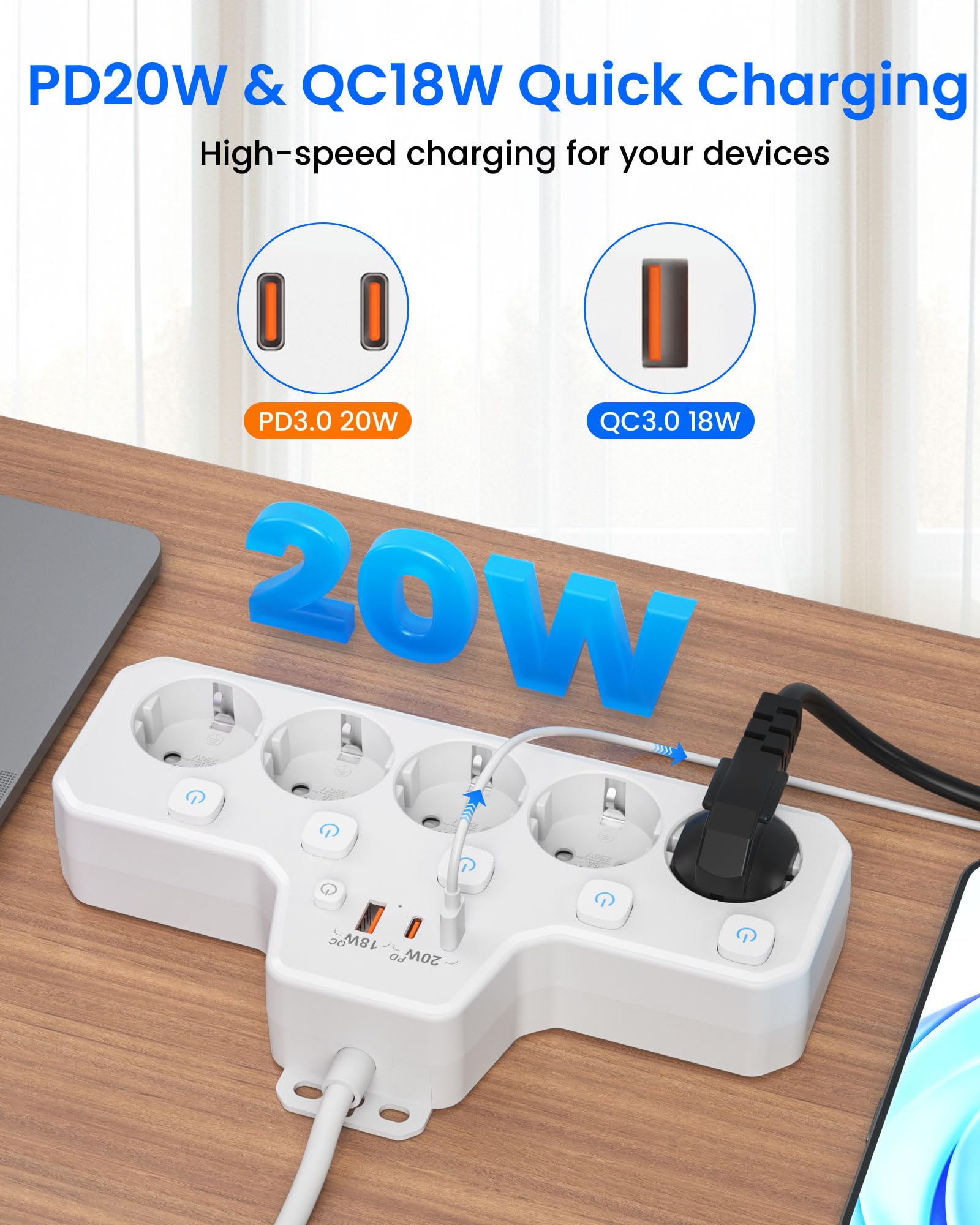 Regleta Enchufe Plano,PD20W Regleta 5 Enchufes con USB C,Ladron Enchufes con Interruptor,Enchufe Multiple Pared Extraplano,5 Tomas Proteccion Sobretension Alargador 2M Cable para Hogar Oficina,Blanco