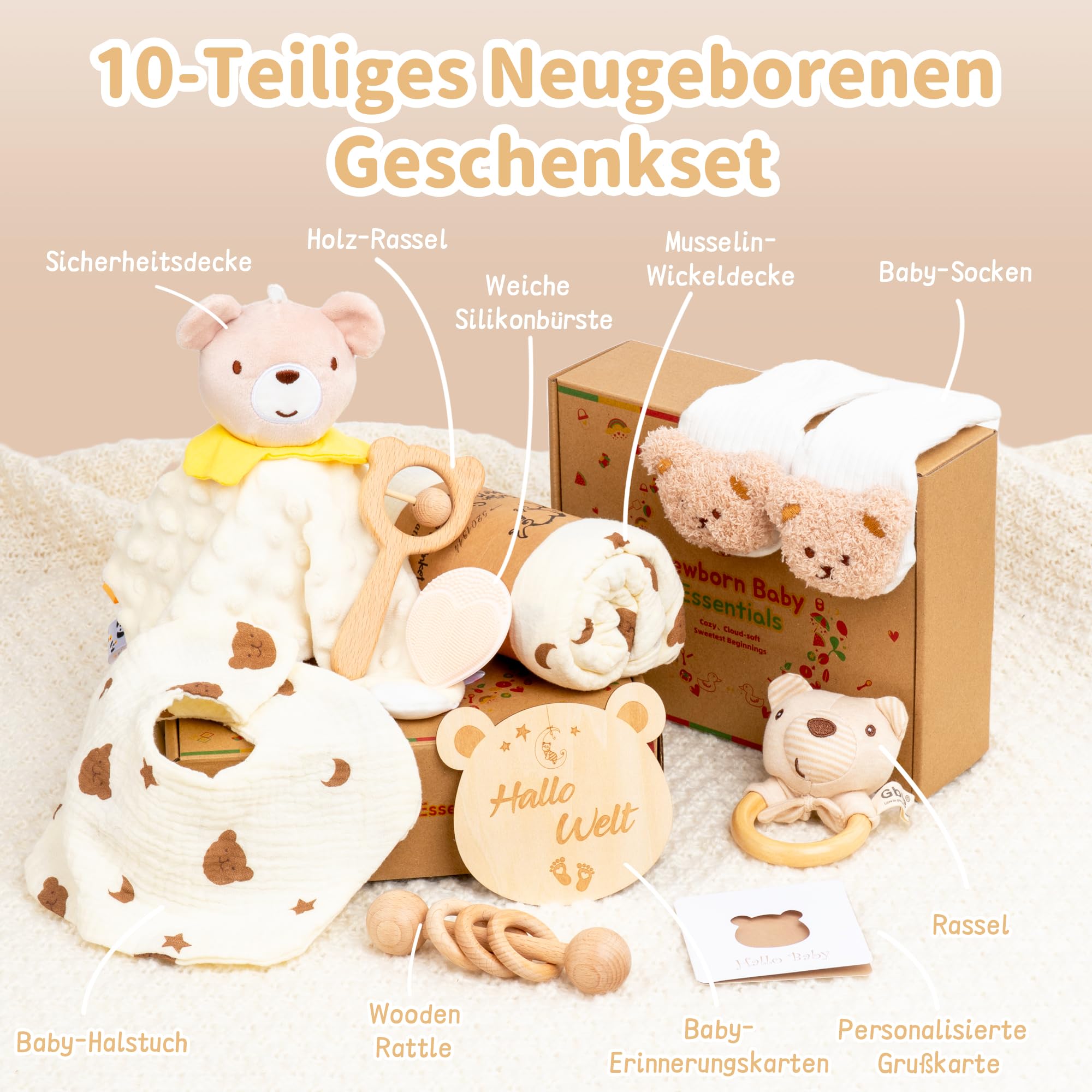 Geschenk zur Geburt – Baby Schmusetuch mit Holzrassel, Rassel, Silikonbürste, Babydecke, Socken – Babyparty Geschenkbox