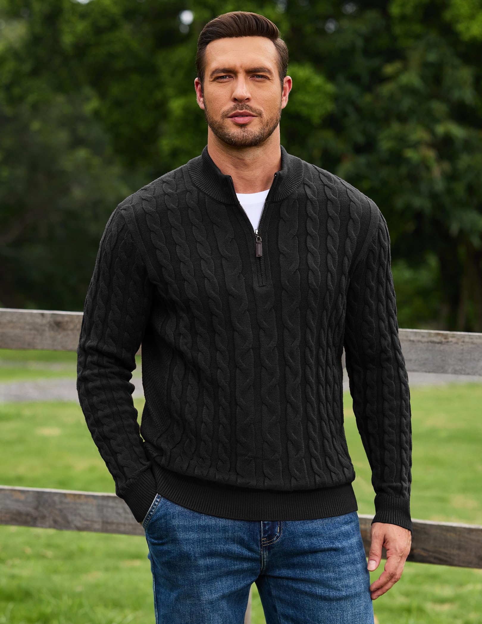 COOFANDY Maglione da uomo con mezza cerniera, motivo a treccia, elegante, business, collo alto, inverno, caldo, casual