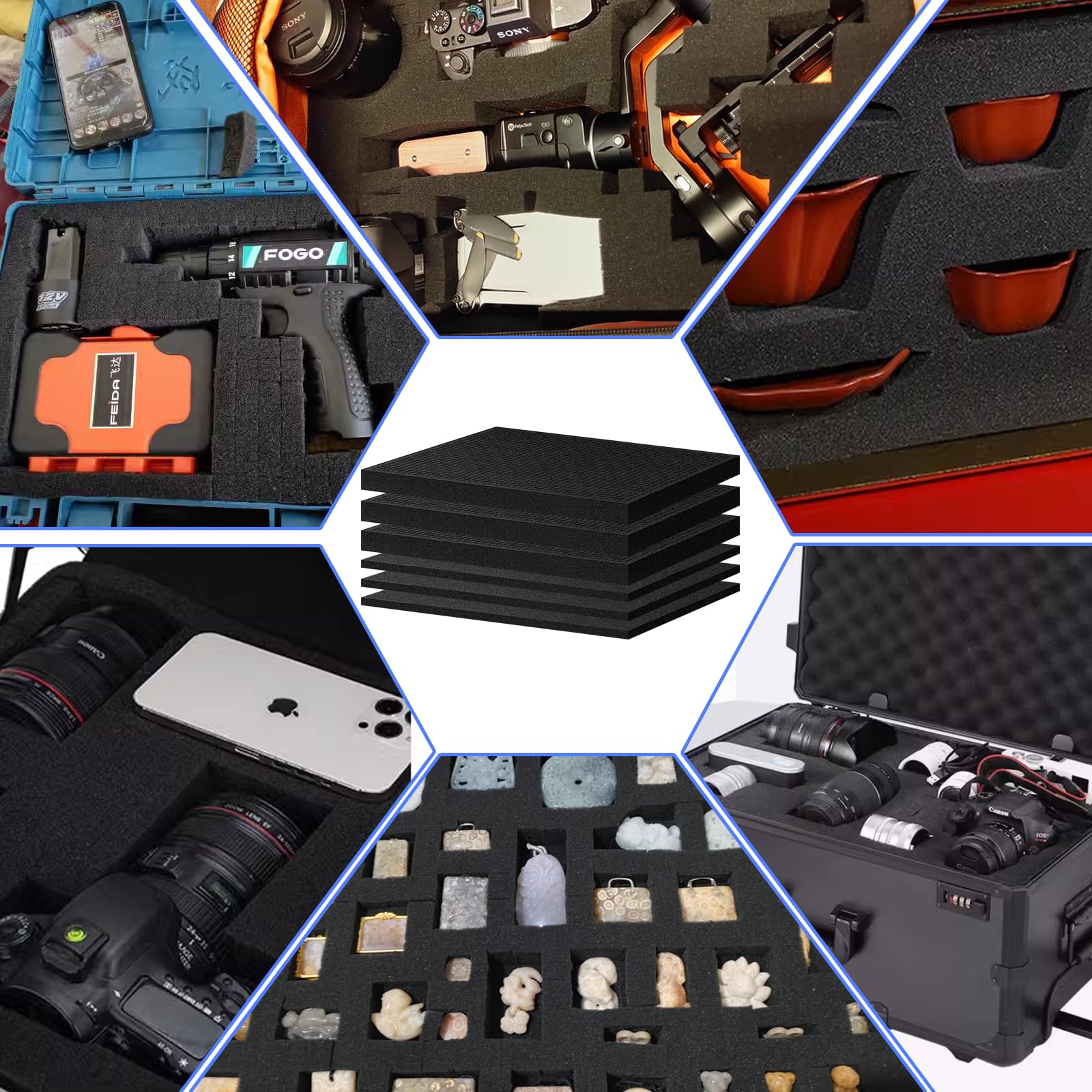 HEKOBAG 3 Sets 6 Stück Schaumstoff Werkzeugkoffer Rasterschaumstoff Würfelschaum 405 x 305 x 50mm/405 x 305 x 10mm Raster Schaumstoffeinlage Schwarz Kamerakoffer Tabletop Schaumstoff Koffereinlage