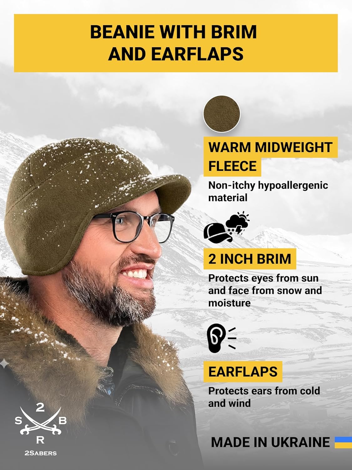 2SBR 2SABERS Fleece Winter Beanie with Visor - Men Women - Earflap Brim Skull Watch Cap Hat - Image 2