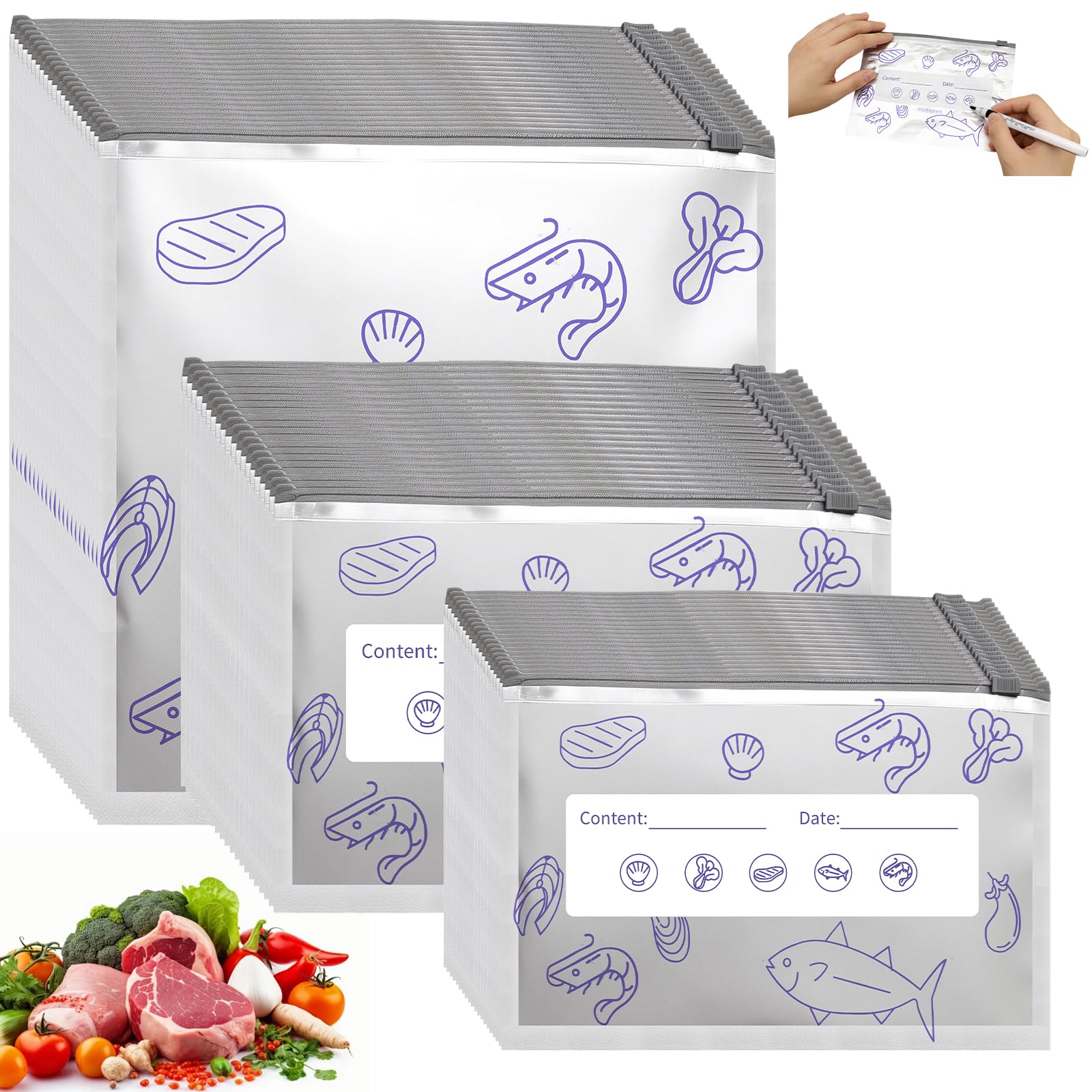 Yuaerbuo 60 Pcs Reusable Freezer Bags Aluminium Foil with Marker Pen, Sealable Foil Bags for Food Long-Last Freshness Zip Lock Bags Aluminium Freezer for Meats Fishes Vegetables Bread (L+M+S)