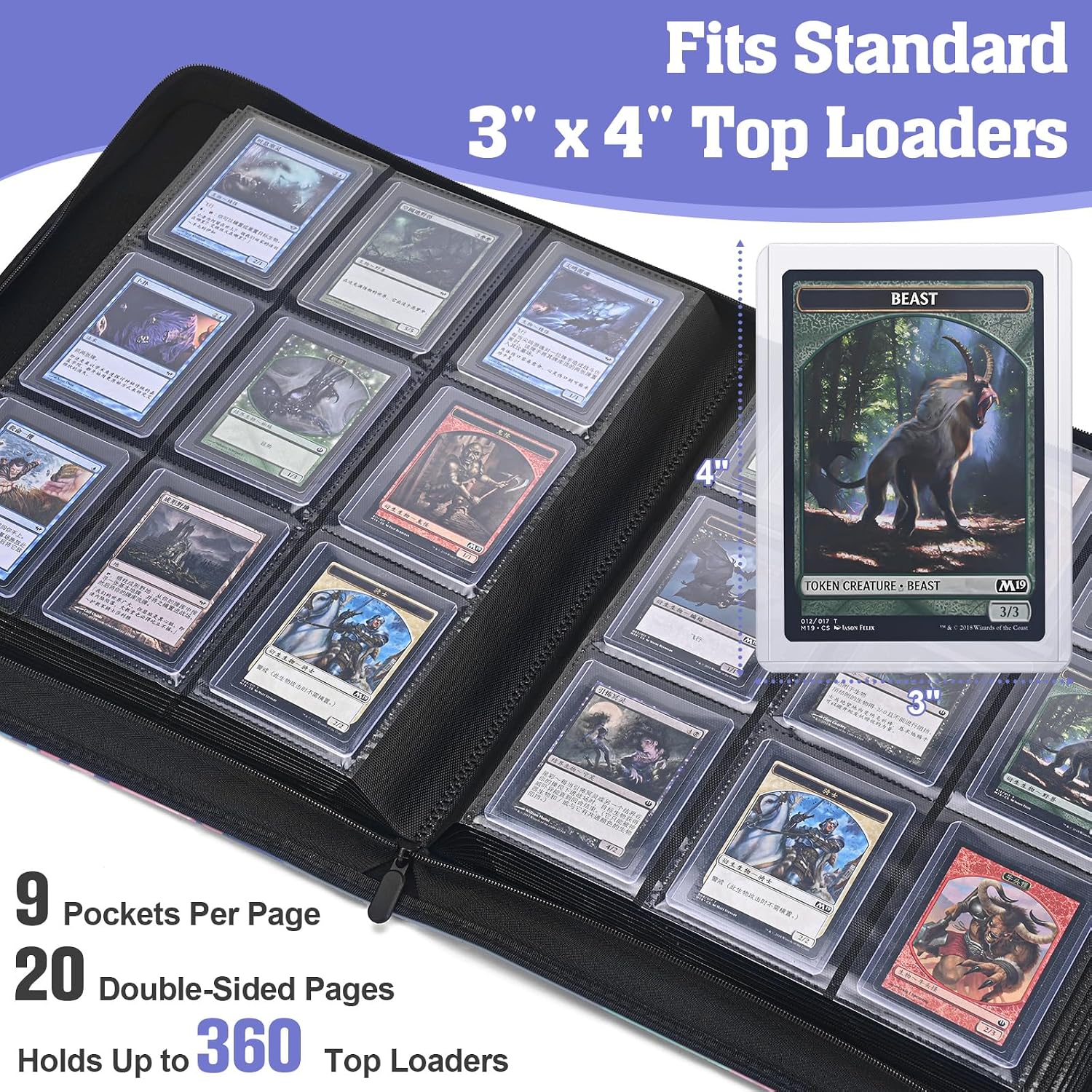 top loader binder, holds 360 top loaders, 9 pocket side-loading binder with full-zip closure for standard 3" x 4" toploaders, acid-free pvc-free pages, purple coral axolotl