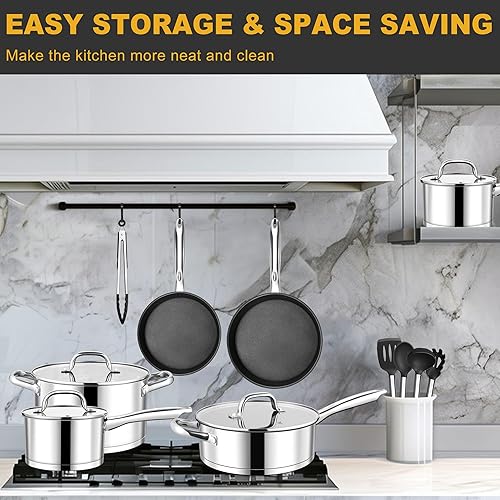 Miniatura 7 de E-far Juego de utensilios de cocina de acero inoxidable de 15 piezas, juego de ollas y sartenes de cocina de base de 3 capas, juego de cocina de