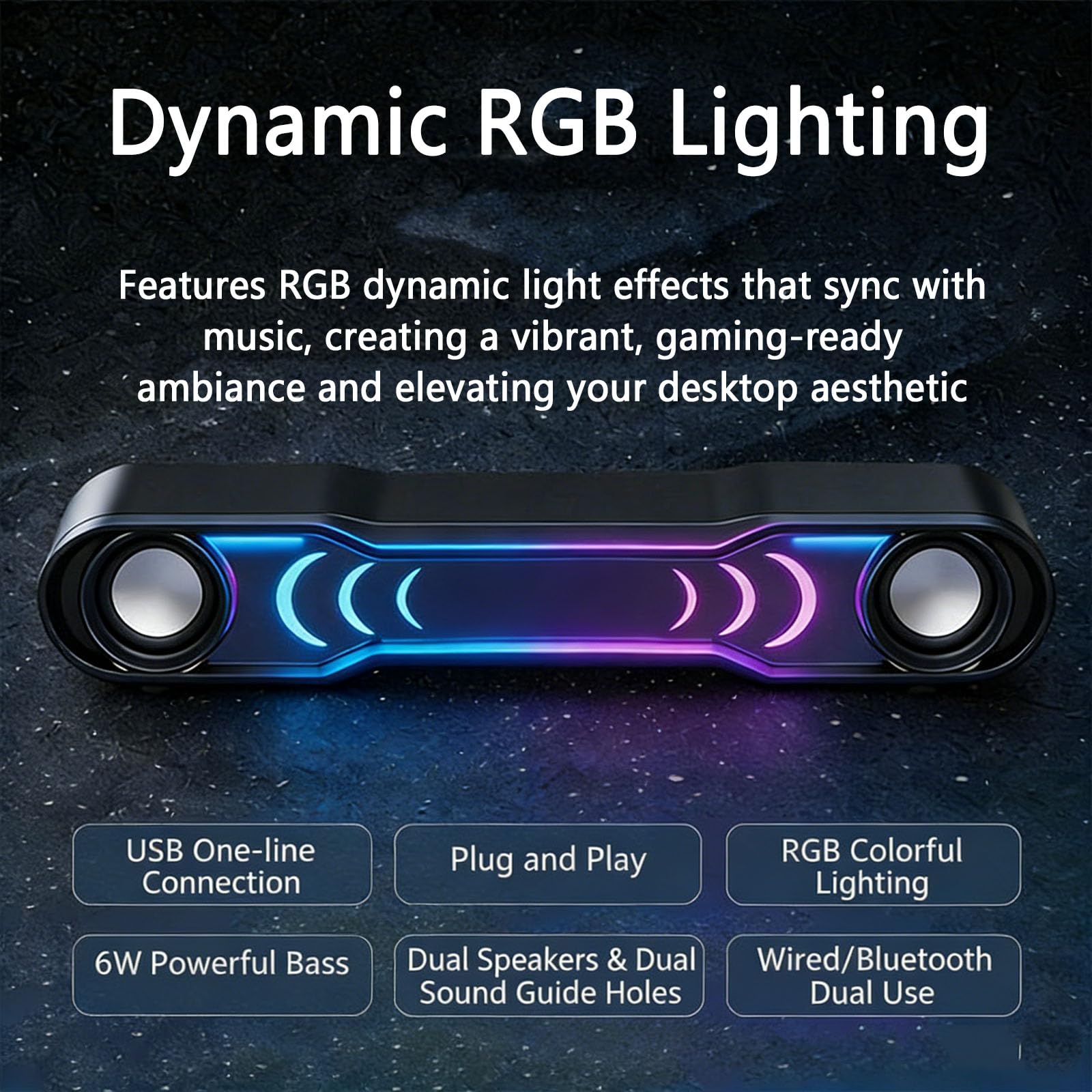 Soundbar Bluetooth, głośnik komputerowy USB, dwukanałowe stereo, oświetlenie RGB, złącze AUX, do komputerów stacjonarnych, laptopów, odtwarzaczy MP4, Plug & Play