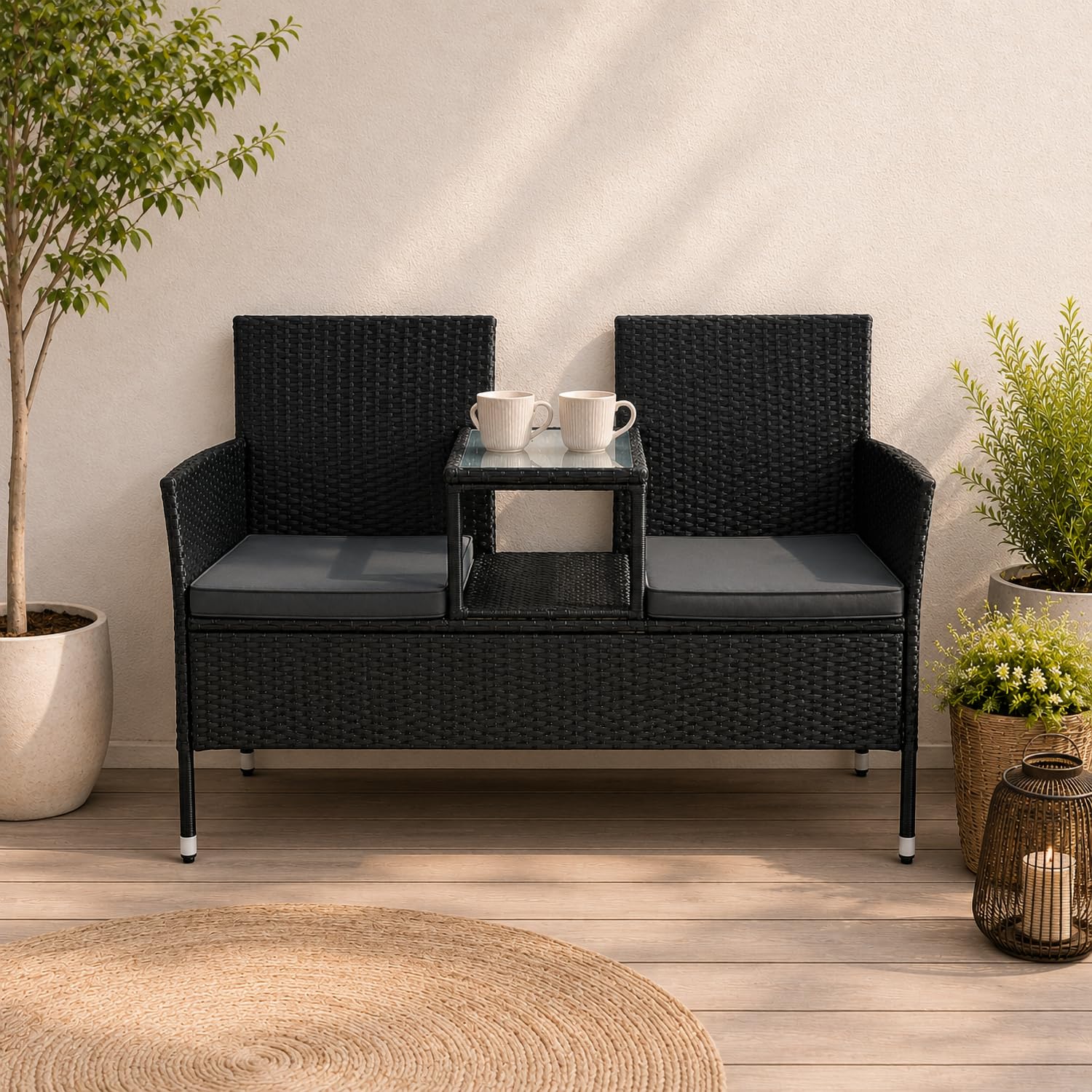 Juskys Banquette de Jardin en polyrotin Monaco - Banc 2 Places avec Table & Coussins - 133 × 63 × 84 cm - rotin résistant aux intempéries, pour Jardins et balcons - Noir