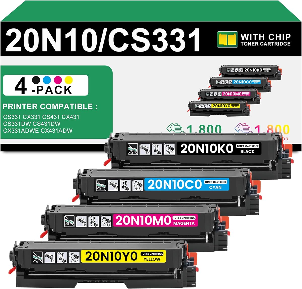 CS331 CX331 CS431 CX431 Toner Cartridge 20N10K0 20N10C0 20N10M0 20N10Y0 | Replacement for Lexmark CS431 Toner Cartridge with Chip 4-Pack for CS331dw CS431dw CX331adwe CX431adw Printer