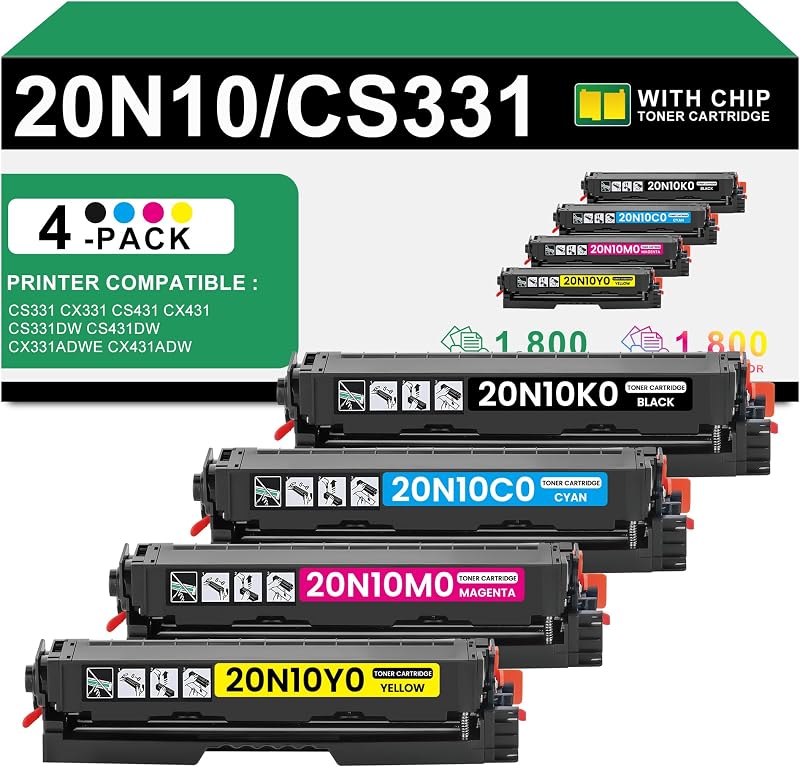 CS331 CX331 CS431 CX431 Toner Cartridge 20N10K0 20N10C0 20N10M0 20N10Y0 | Replacement for Lexmark CS431 Toner Cartridge with Chip 4-Pack for CS331dw CS431dw CX331adwe CX431adw Printer