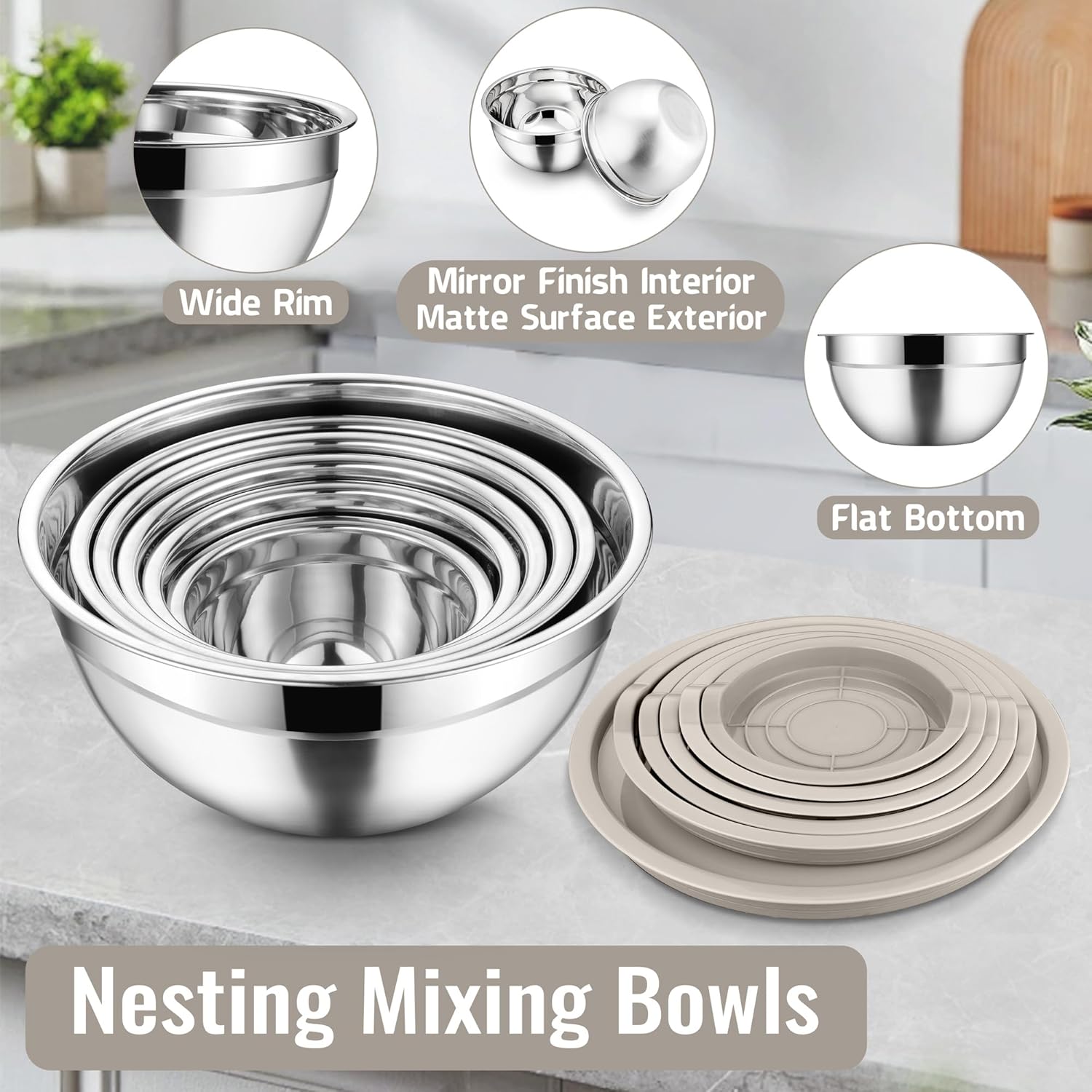 Mixing Bowls with Lids Set of 9, Vesteel Stainless Steel Mixing Bowls Metal Nesting Salad Bowls Attach with 3 Graters for Kitchen Grating/Shredding, Size 4.6, 2.6, 2, 1.5, 1, 0.7 QT - Khaki