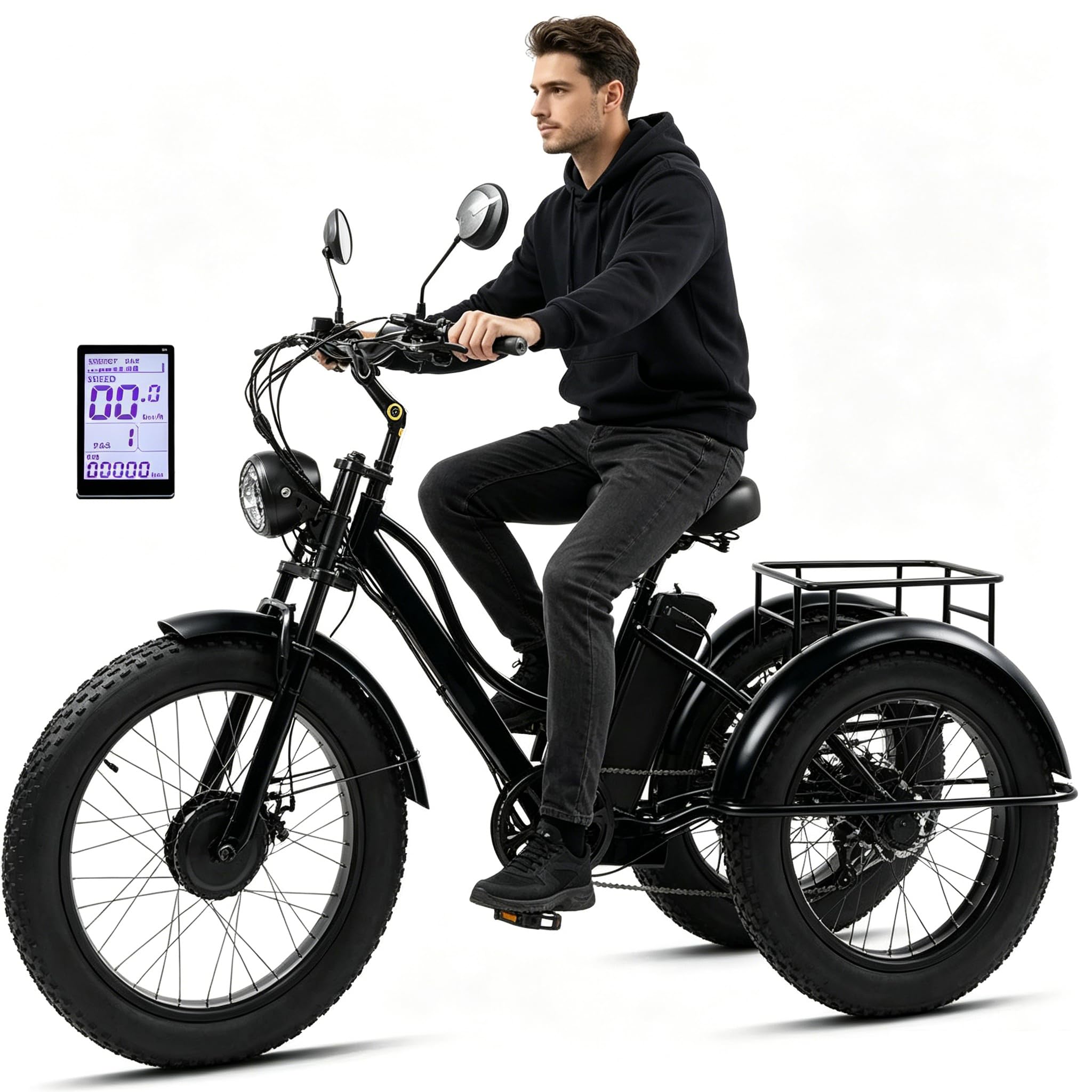24" Fat Tire Adult Tricycle, 3 Wheel Electric Trike with Basket(LCD Display + Headlight), 7 Speeds Cruise Bicycles for Adults, 48V15Ah Removable Battery - 65km Range, Maximum Load: 330 lbs Black