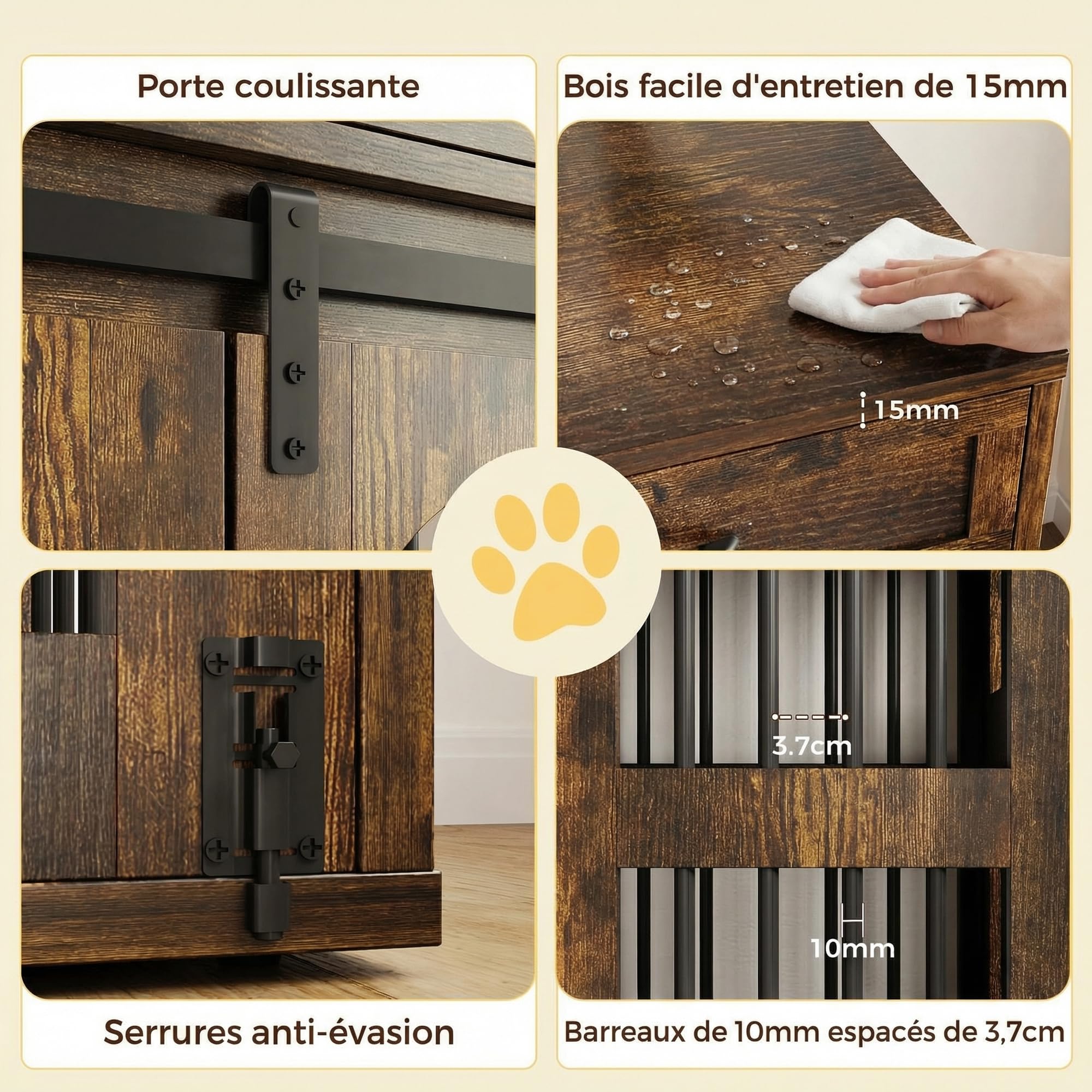 IRONCK Cage pour Chien, Meuble Cage Chien, Coffre en Bois Niche pour Chien Intérieur avec 2 Tiroirs et Cloison, Table d’Appoint 2 Portes pour Chien, 106x68x88cm
