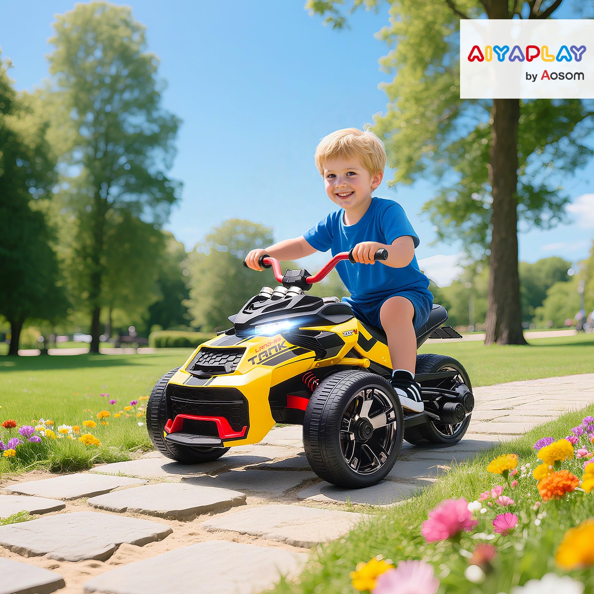 AIYAPLAY Elektro Quad für Kinder 12V Kinderquad 3 Räder 3-8 Jahre Gelb | Vorwärts-, Rückwärtsfunktion, MP3-Player, Hupe, 2 Geschwindigkeiten, LED-Leuchten, Kinderfahrzeug 3-5 km/h