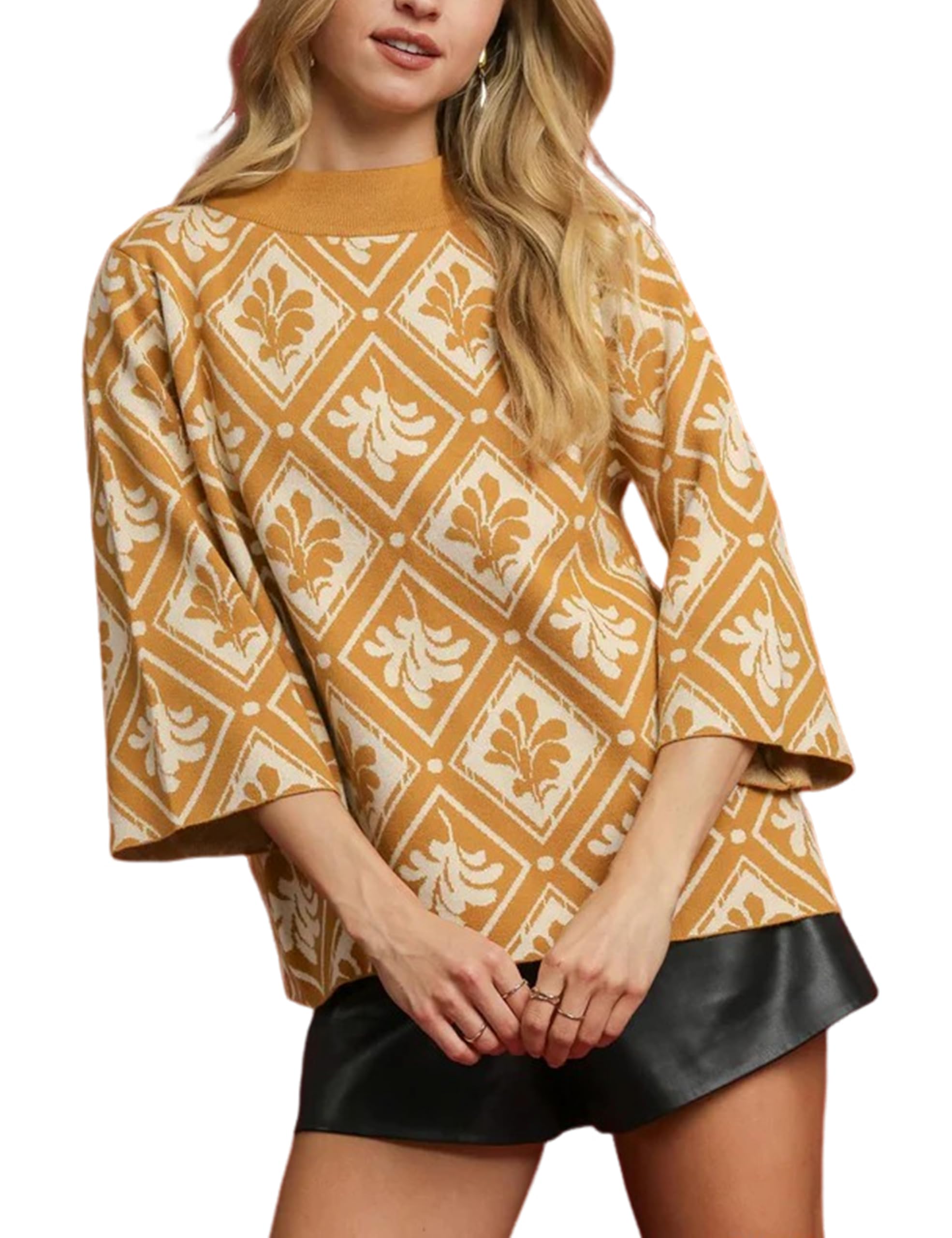 Yeokou Womens Pullover Sweater Geometric Pattern Mock Neck 3 4 Bell Sleeve Bohemian Knit Loose Blouse