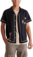 Aeropostale Men's Short Sleeve Linen-Blend Camp Shirt with Floral Embroidery - Breezy Button-Down for Vacay & Everyday