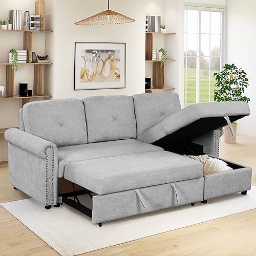 Merax Reversible Velvet Sectional Sofa Sleeper Sectional Couch Pull-Out Sofa Bed L-Shape Upholstered Sofa Bed with Storage Chaise for Living Room (83 Inch, Velvet Gray)
