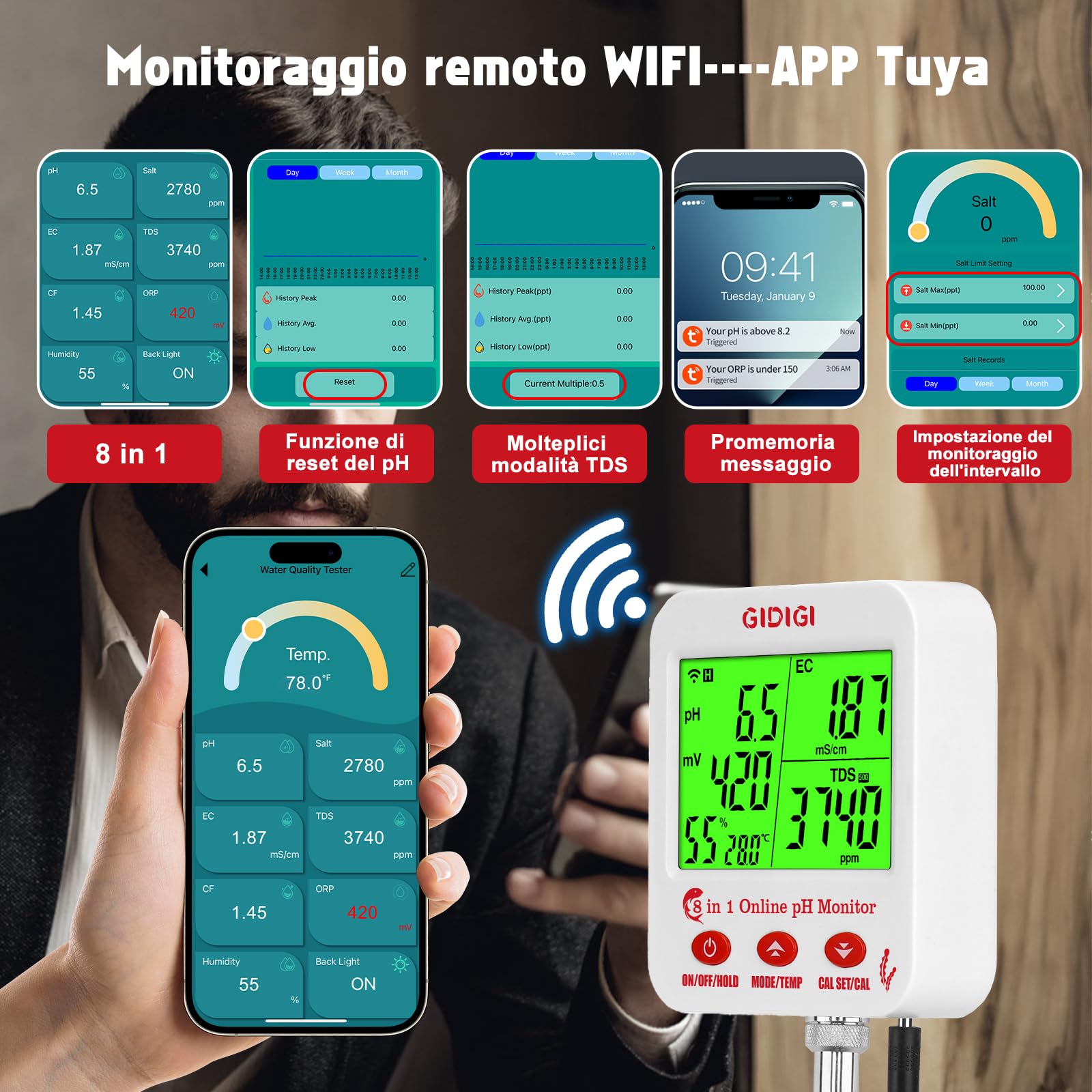 Monitor di pH ppm WiFi, tester intelligente della qualità dell'acqua 8 in 1, misuratore di pH EC idroponico, tester pH TDS EC sale ORP con kit di soluzioni calibrazione, tester salinità per acquari