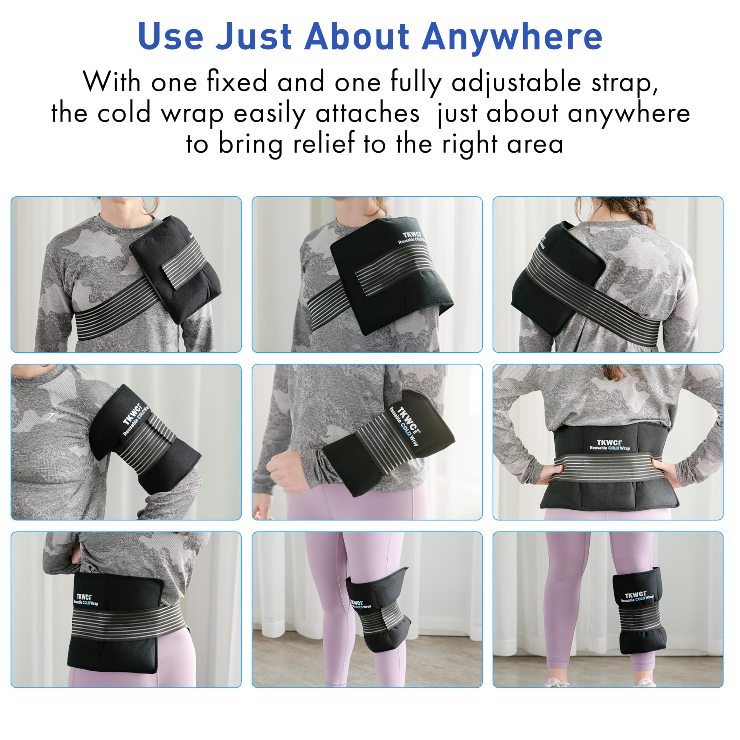 Paquete de hielo de gel flexible universal de gran tamaño con 2 correas, alivio instantáneo de terapia de frío para espalda, hombro, codo, muñeca, cadera, pie, compresa fría para hinchazón, dolor,