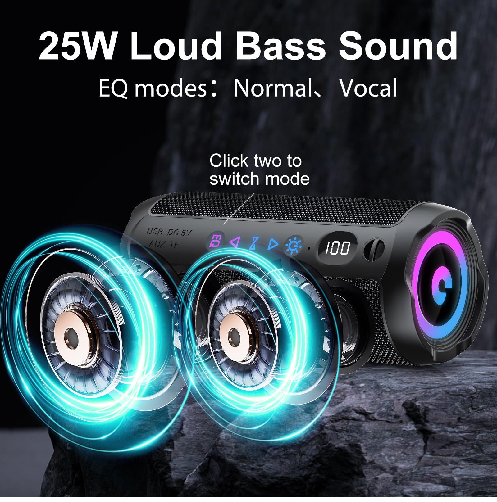Enceinte Bluetooth Puissante 5.4 sans Fil avec Bass Puissantes, Haut-Parleur Portable 25W, LED Écran, Autonomie 25H,Son Surround à 360 degrés,Appairage TWS,AUX,TF Carte,pour l'extérieur/La Fête/Voyage - 2