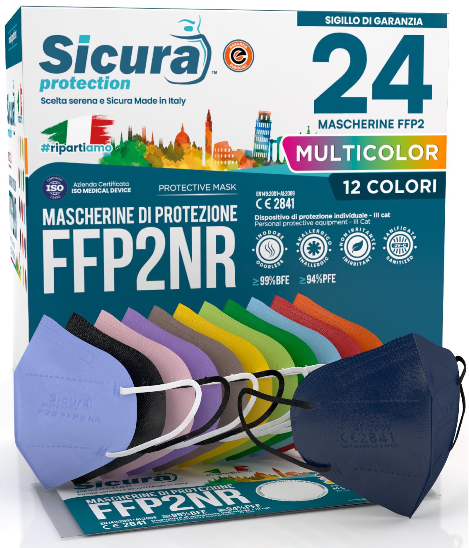 SICURA MASCHERINE CHIRURGICHE 24 masques FFP2 certifiés CE Made in Italy BFE ≥99% Mix 12 Couleurs Bleu, Orange, Rouge, Noir, Bleu, Vert, Vert pomme, Jaune, Tourterelle, Violet, Rose, Lavande