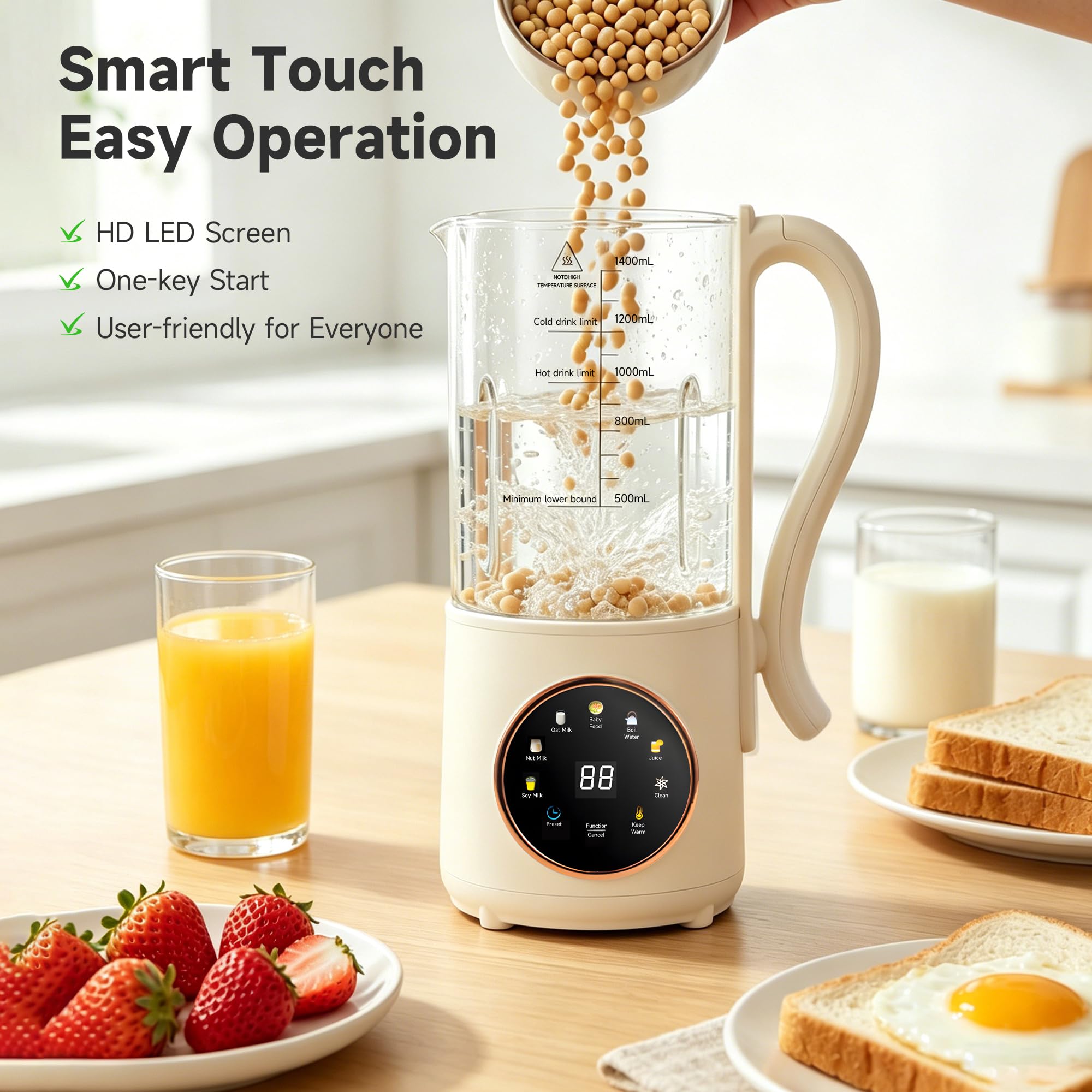 Nussmilchmaschine 1.4L, Automatischer Nussmilchbereiter, Pflanzenmilchbereiter, Hafermilch Maschine LED-Display, Entsafter Sojamilch Maschine für Selbstgemachte Pflanzenmilch, Hafer, Mandelmilch