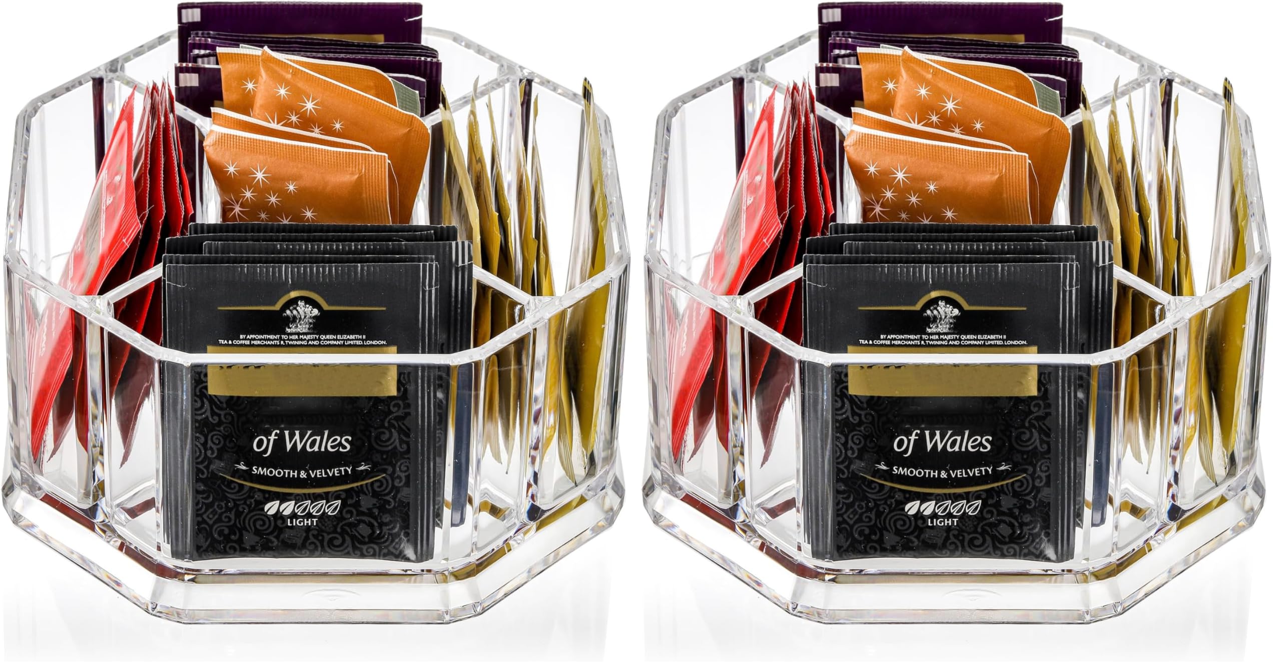Hiceeden Acrylic Tea Bag Organizer, 5 Compartment Sugar Packets Holder Divided Coffee Condiment Storage Caddy Box for Kitchen Cabinet, Countertop, Tabletop (Pack of 2)